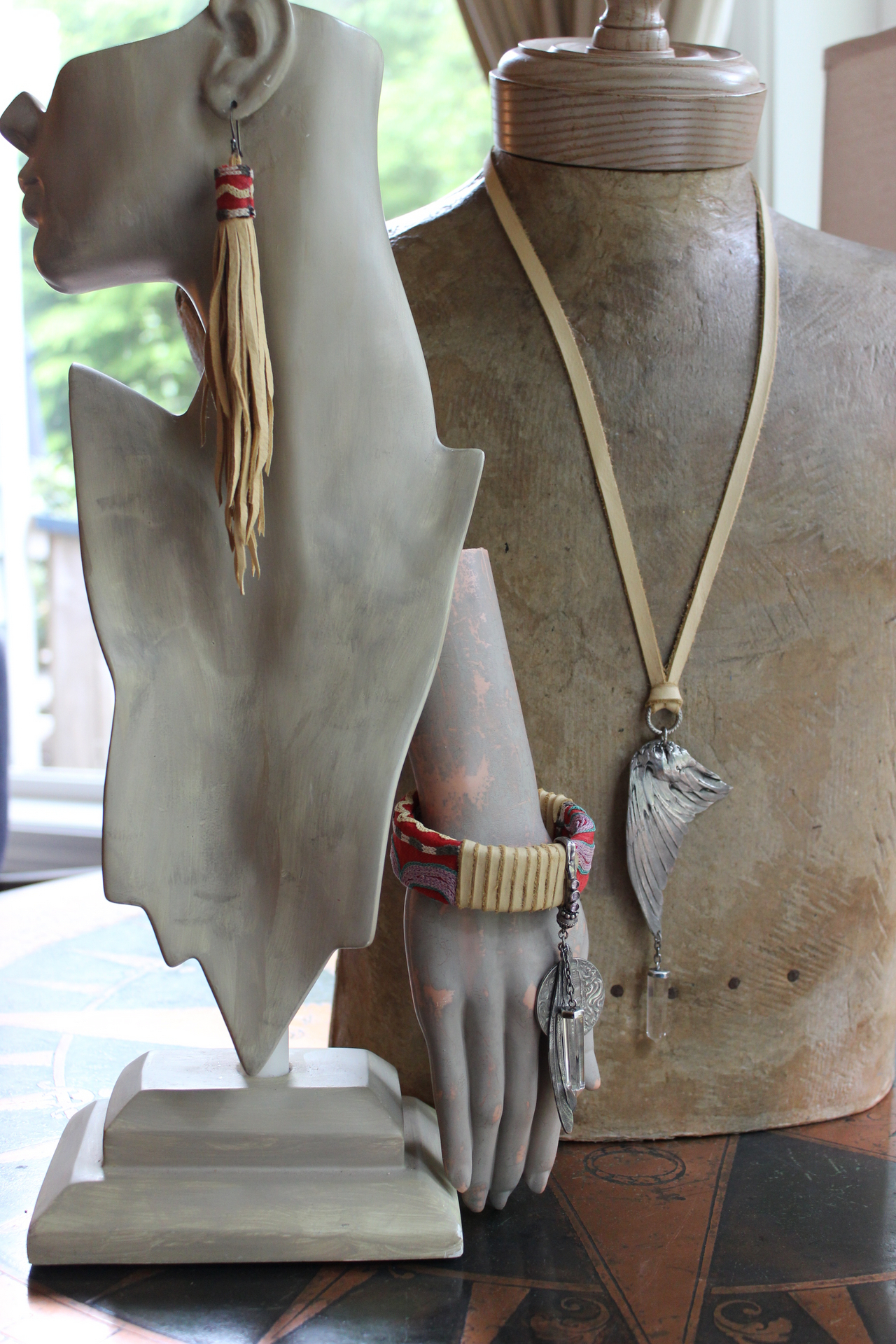 This is to Love Necklace, Bracelet & Earring Set with Real Bird Wing Pendant,Sterling Quartz Point Drops & Antique Embroidered Textile Fragments