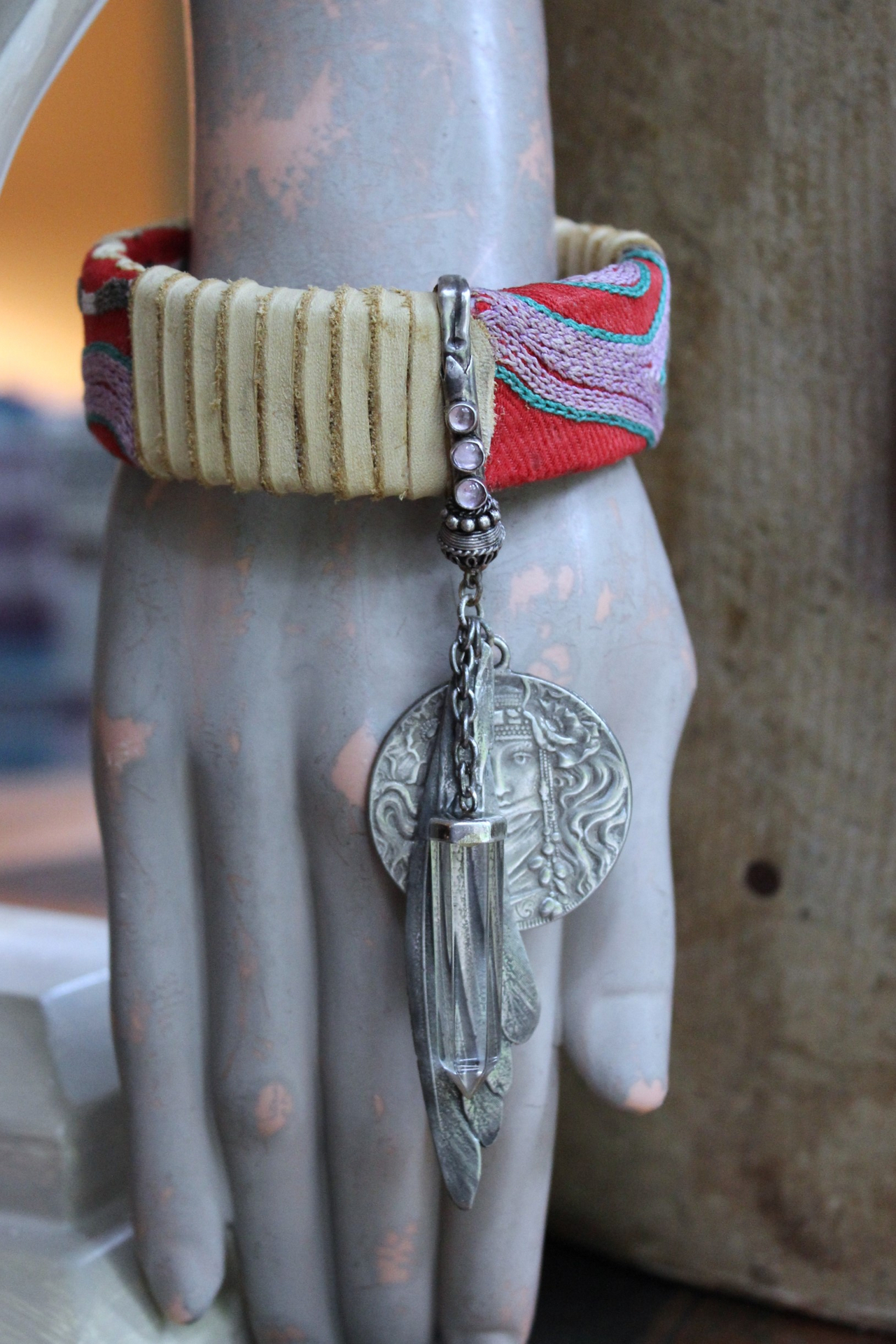 This is to Love Necklace, Bracelet & Earring Set with Real Bird Wing Pendant,Sterling Quartz Point Drops & Antique Embroidered Textile Fragments