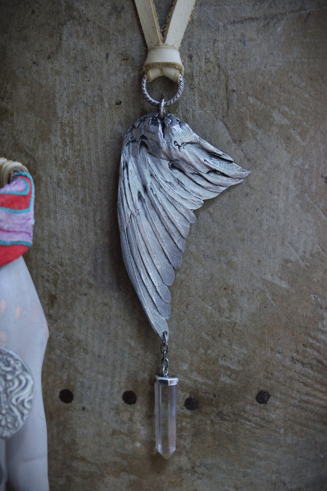 This is to Love Necklace, Bracelet & Earring Set with Real Bird Wing Pendant,Sterling Quartz Point Drops & Antique Embroidered Textile Fragments