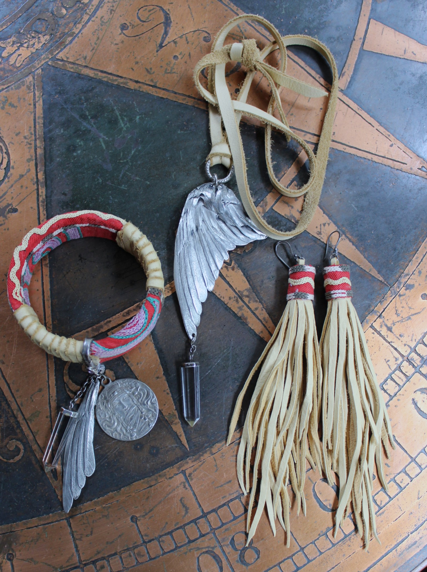 This is to Love Necklace, Bracelet & Earring Set with Real Bird Wing Pendant,Sterling Quartz Point Drops & Antique Embroidered Textile Fragments