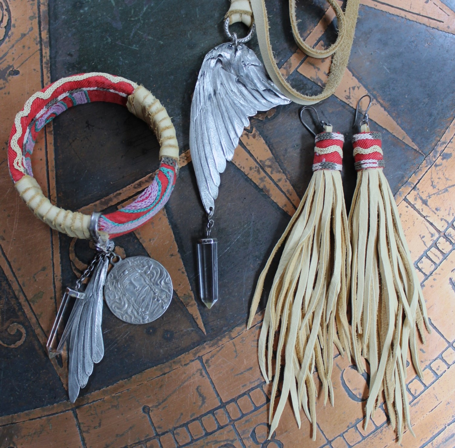This is to Love Necklace, Bracelet & Earring Set with Real Bird Wing Pendant,Sterling Quartz Point Drops & Antique Embroidered Textile Fragments