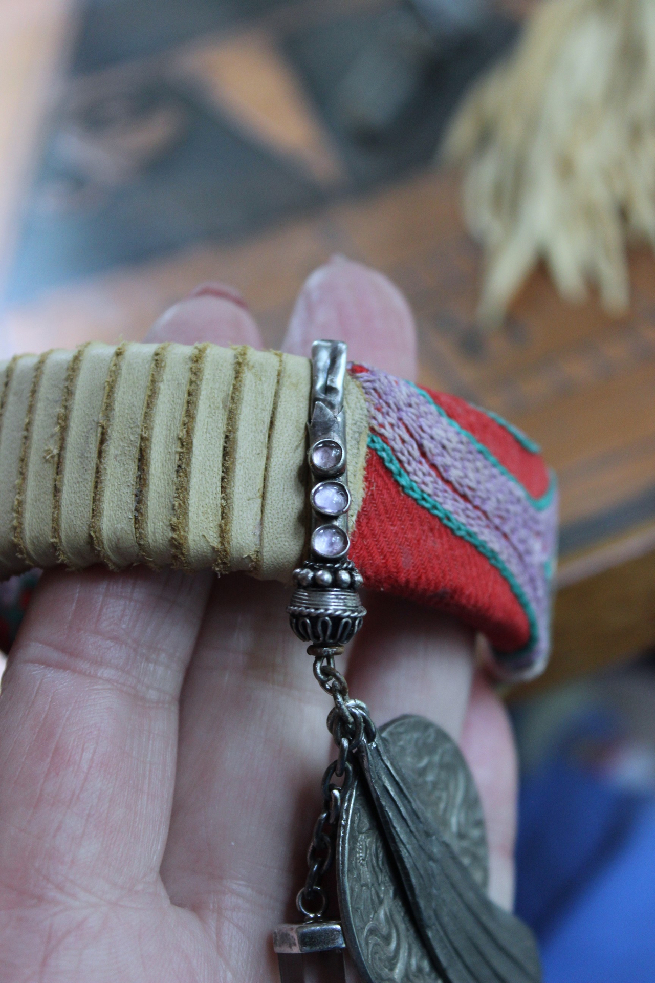 This is to Love Necklace, Bracelet & Earring Set with Real Bird Wing Pendant,Sterling Quartz Point Drops & Antique Embroidered Textile Fragments