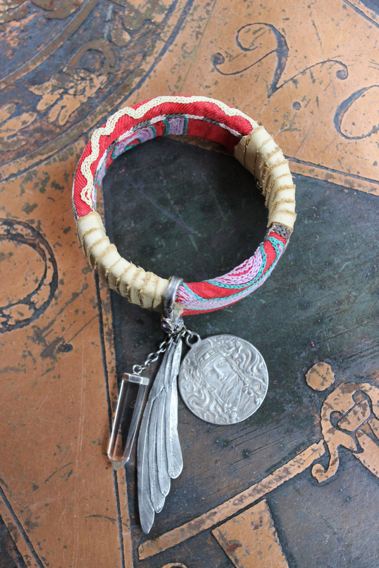 This is to Love Necklace, Bracelet & Earring Set with Real Bird Wing Pendant,Sterling Quartz Point Drops & Antique Embroidered Textile Fragments