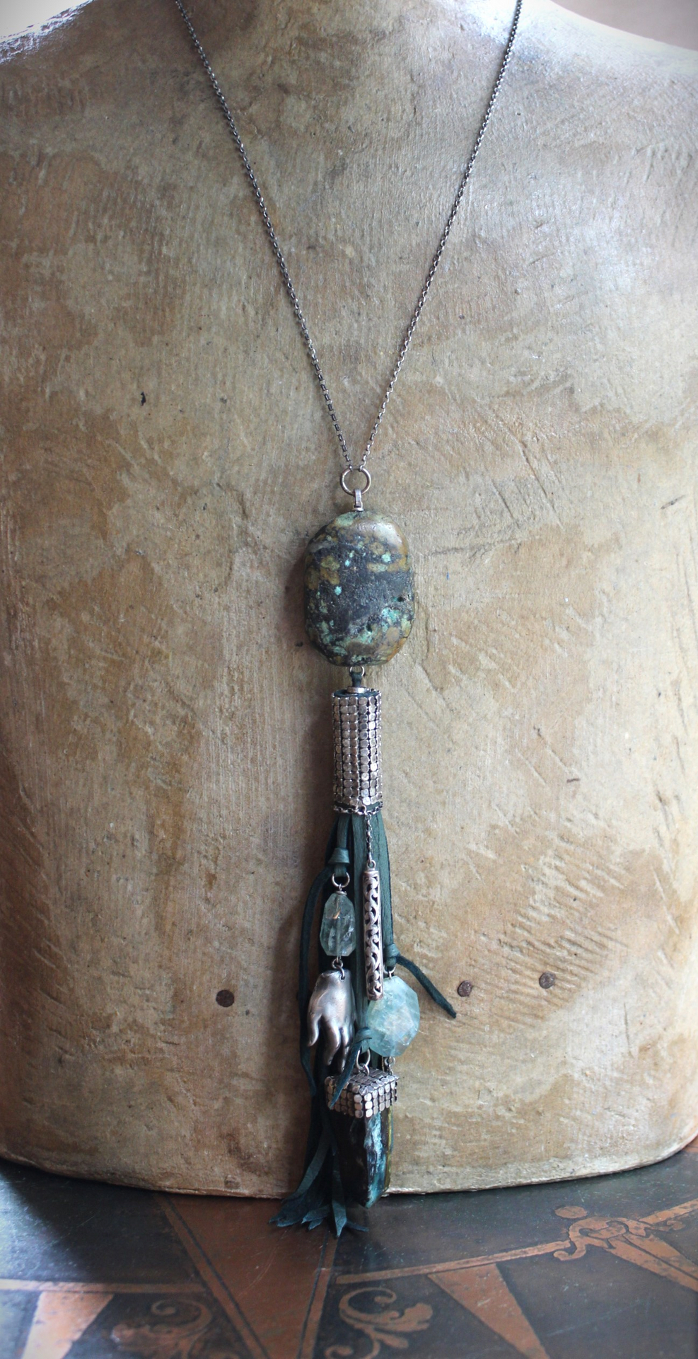 SOLD to J You will Find Necklace with Forest Green Leather Tassel,Silver Mesh,Silver Hand,Ancient Turquoise,Opalized Petrified Wood Point & More!