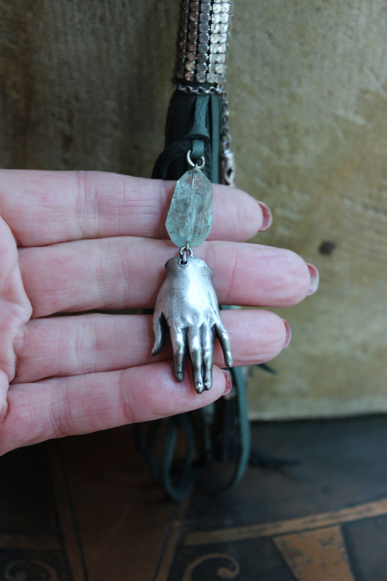 SOLD to J You will Find Necklace with Forest Green Leather Tassel,Silver Mesh,Silver Hand,Ancient Turquoise,Opalized Petrified Wood Point & More!