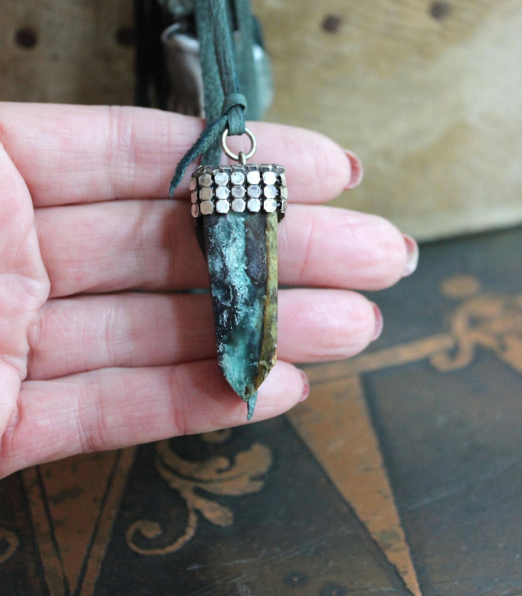 SOLD to J You will Find Necklace with Forest Green Leather Tassel,Silver Mesh,Silver Hand,Ancient Turquoise,Opalized Petrified Wood Point & More!