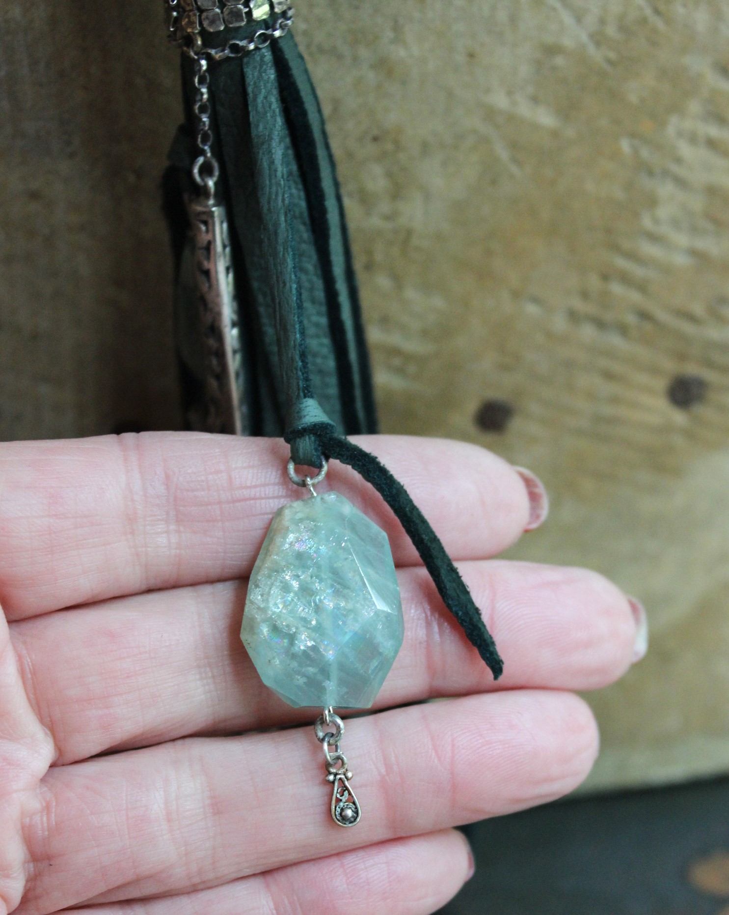 SOLD to J You will Find Necklace with Forest Green Leather Tassel,Silver Mesh,Silver Hand,Ancient Turquoise,Opalized Petrified Wood Point & More!