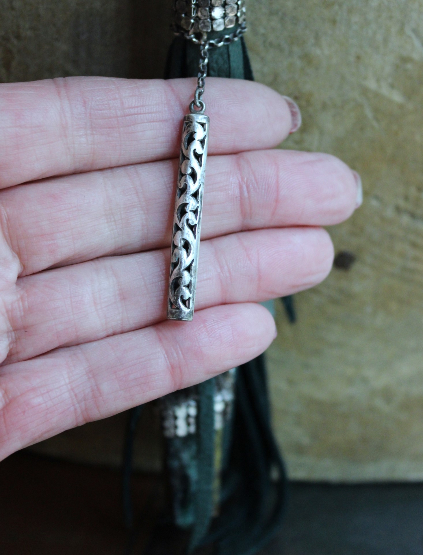 SOLD to J You will Find Necklace with Forest Green Leather Tassel,Silver Mesh,Silver Hand,Ancient Turquoise,Opalized Petrified Wood Point & More!