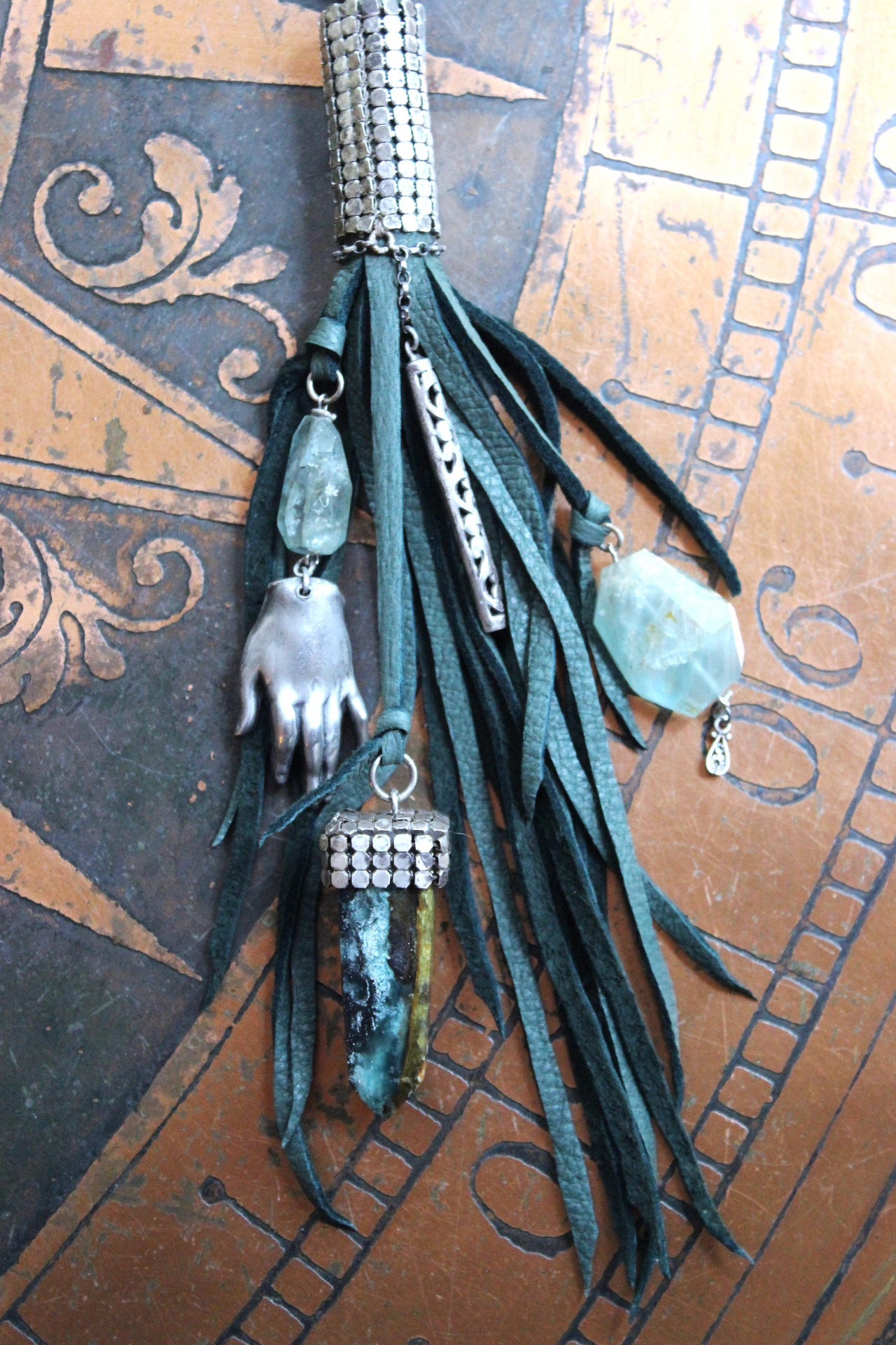 SOLD to J You will Find Necklace with Forest Green Leather Tassel,Silver Mesh,Silver Hand,Ancient Turquoise,Opalized Petrified Wood Point & More!