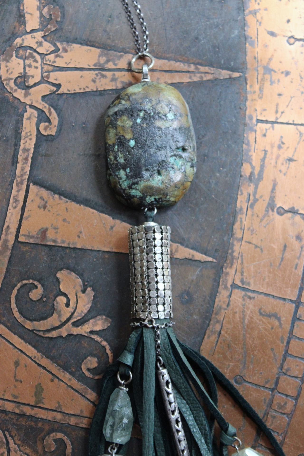 SOLD to J You will Find Necklace with Forest Green Leather Tassel,Silver Mesh,Silver Hand,Ancient Turquoise,Opalized Petrified Wood Point & More!