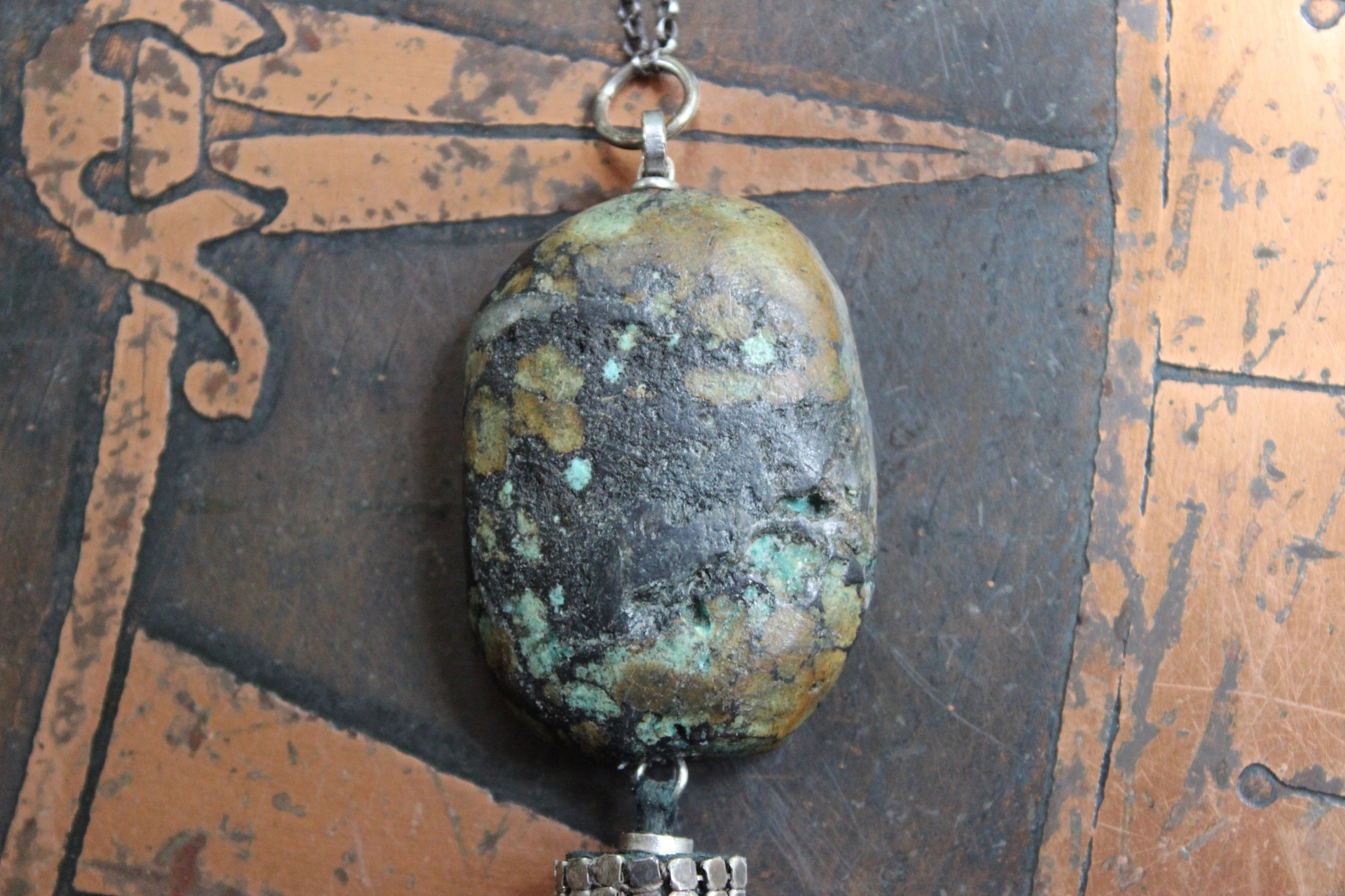 SOLD to J You will Find Necklace with Forest Green Leather Tassel,Silver Mesh,Silver Hand,Ancient Turquoise,Opalized Petrified Wood Point & More!