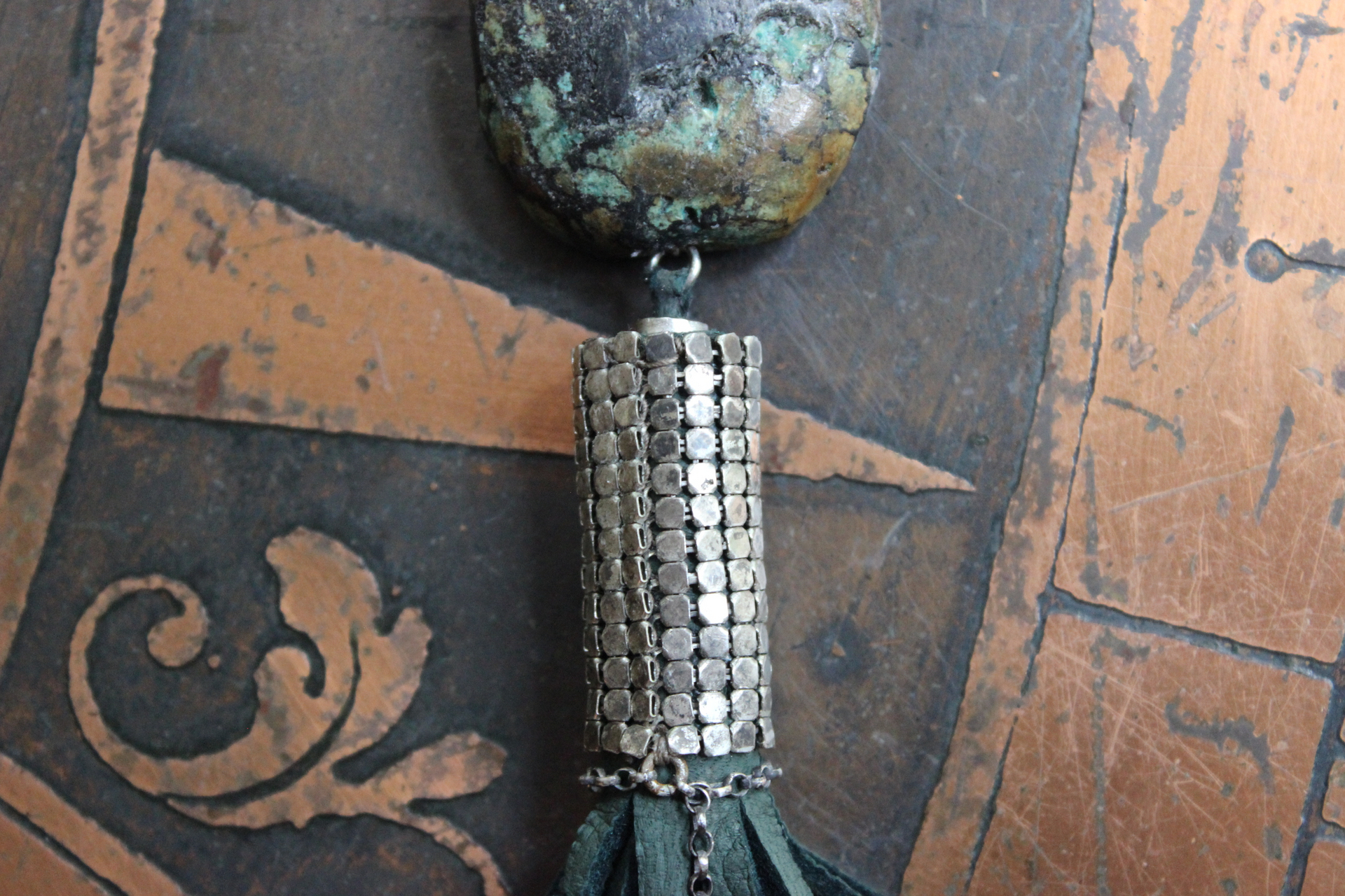 SOLD to J You will Find Necklace with Forest Green Leather Tassel,Silver Mesh,Silver Hand,Ancient Turquoise,Opalized Petrified Wood Point & More!