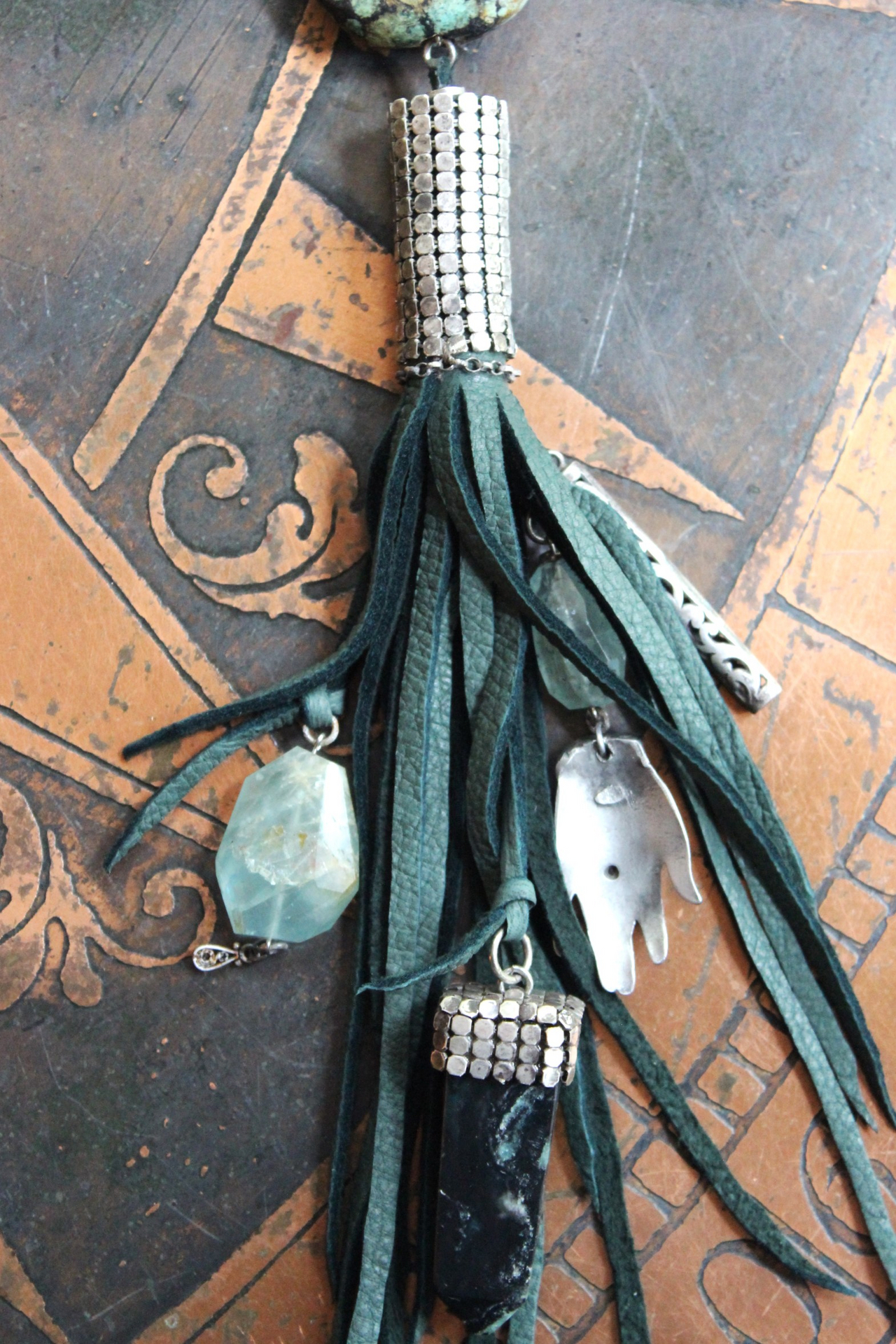 SOLD to J You will Find Necklace with Forest Green Leather Tassel,Silver Mesh,Silver Hand,Ancient Turquoise,Opalized Petrified Wood Point & More!