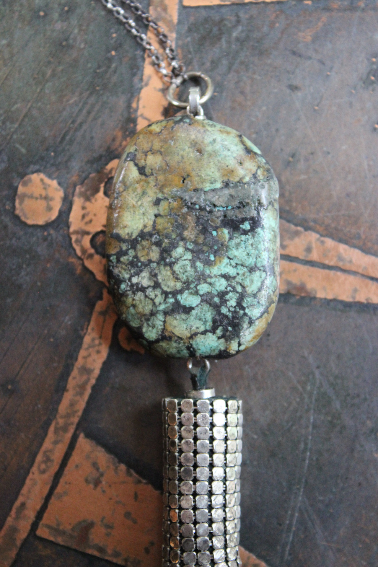 SOLD to J You will Find Necklace with Forest Green Leather Tassel,Silver Mesh,Silver Hand,Ancient Turquoise,Opalized Petrified Wood Point & More!