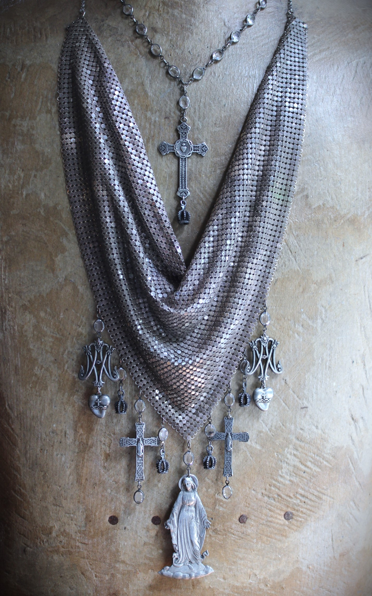 Rare Sterling Mesh Scarf Necklace Set w/French Marian Medals and Crosses, French Puffy Witches Heart Drops, Tiny Sterling Crowns with Star Drops,Sterling Rolo Chain