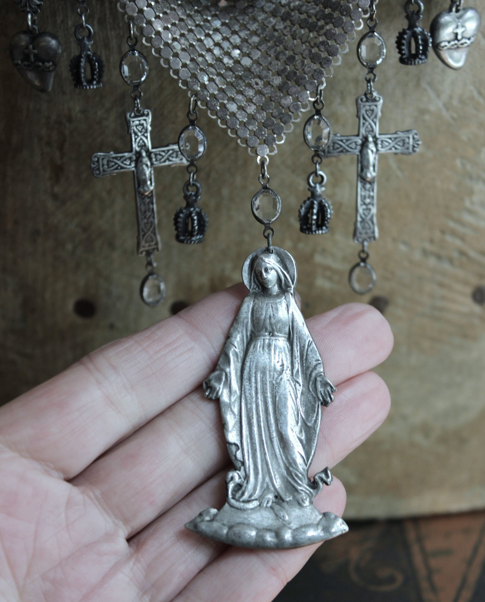 Rare Sterling Mesh Scarf Necklace Set w/French Marian Medals and Crosses, French Puffy Witches Heart Drops, Tiny Sterling Crowns with Star Drops,Sterling Rolo Chain