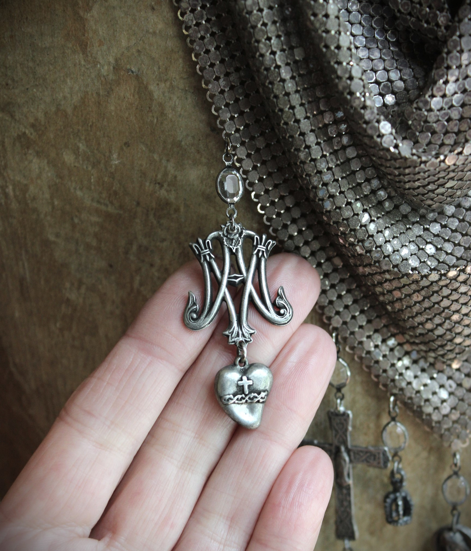 Rare Sterling Mesh Scarf Necklace Set w/French Marian Medals and Crosses, French Puffy Witches Heart Drops, Tiny Sterling Crowns with Star Drops,Sterling Rolo Chain