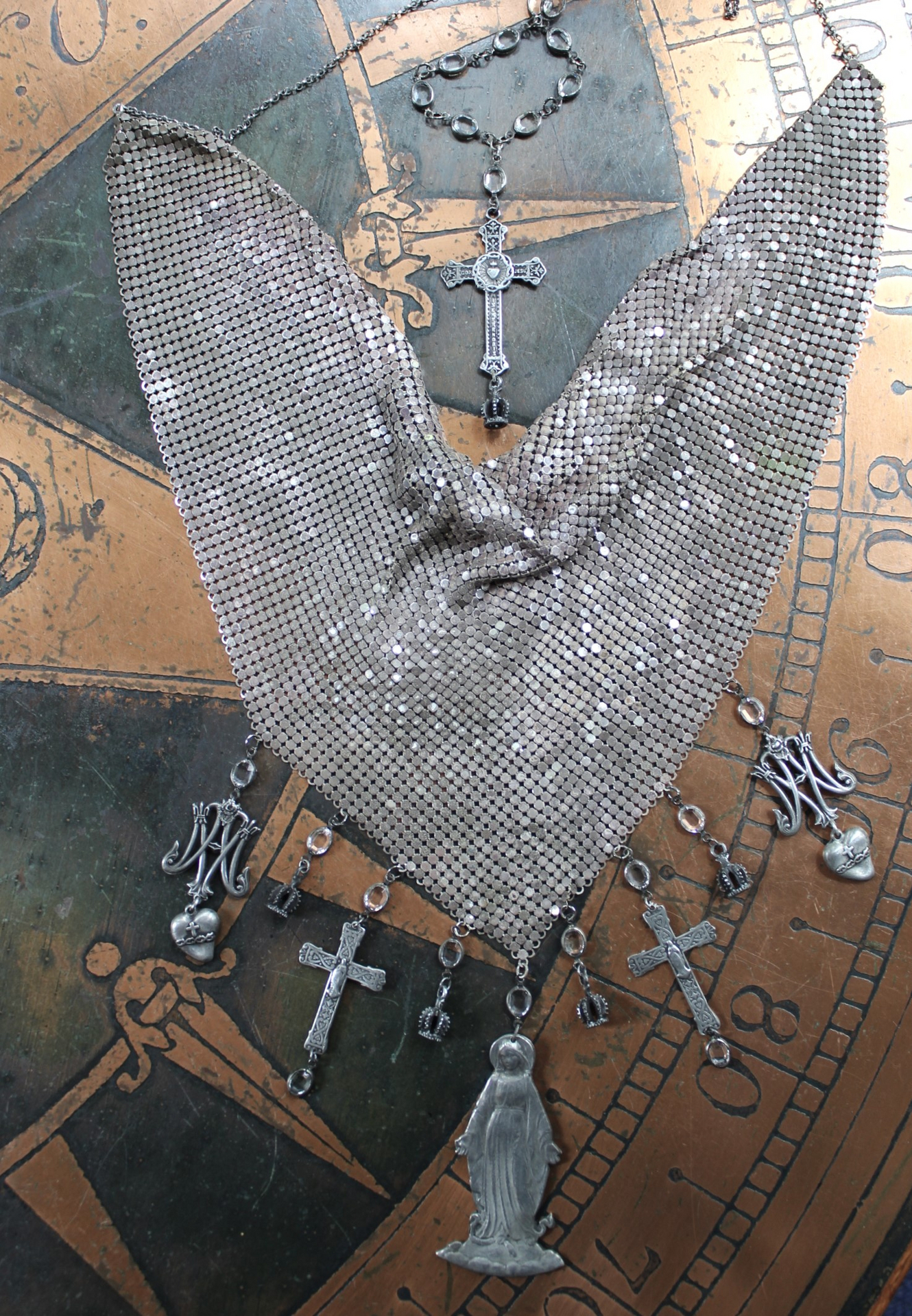 Rare Sterling Mesh Scarf Necklace Set w/French Marian Medals and Crosses, French Puffy Witches Heart Drops, Tiny Sterling Crowns with Star Drops,Sterling Rolo Chain