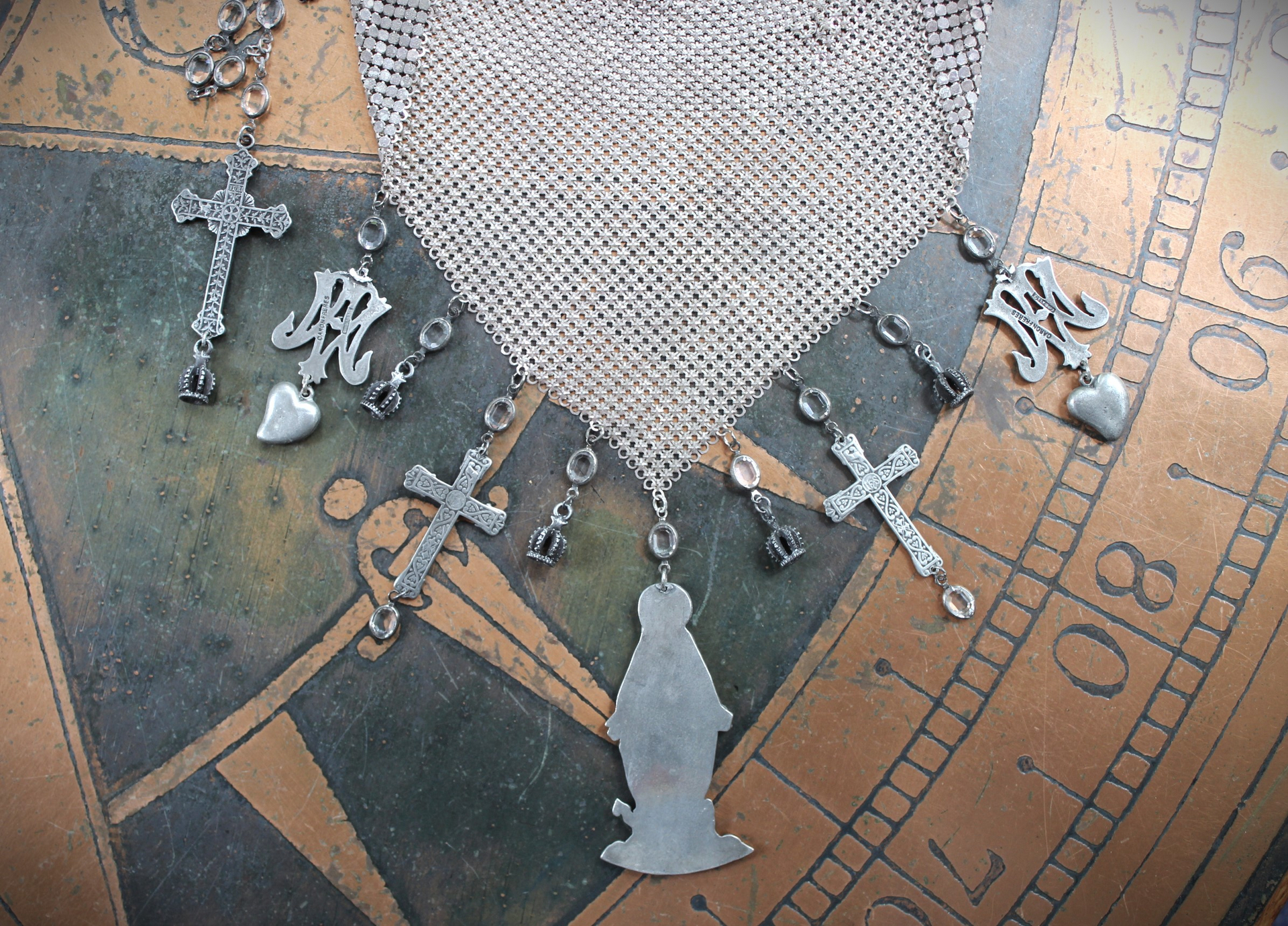 Rare Sterling Mesh Scarf Necklace Set w/French Marian Medals and Crosses, French Puffy Witches Heart Drops, Tiny Sterling Crowns with Star Drops,Sterling Rolo Chain
