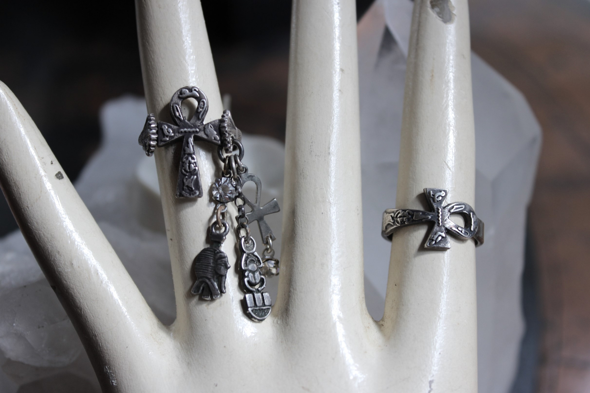 Antique Sterling Ankh Ring Set with Tiny Medals,Ankh Cross and Antique Faceted Prong Set Rock Crystals