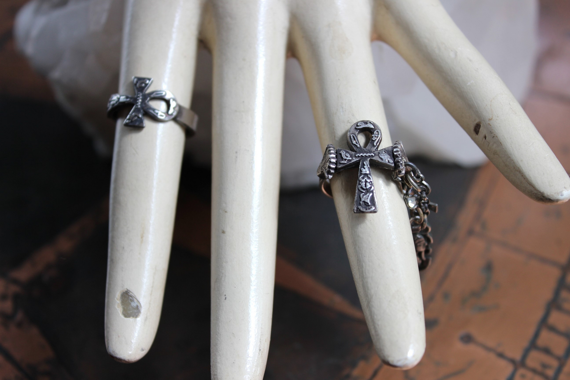 Antique Sterling Ankh Ring Set with Tiny Medals,Ankh Cross and Antique Faceted Prong Set Rock Crystals