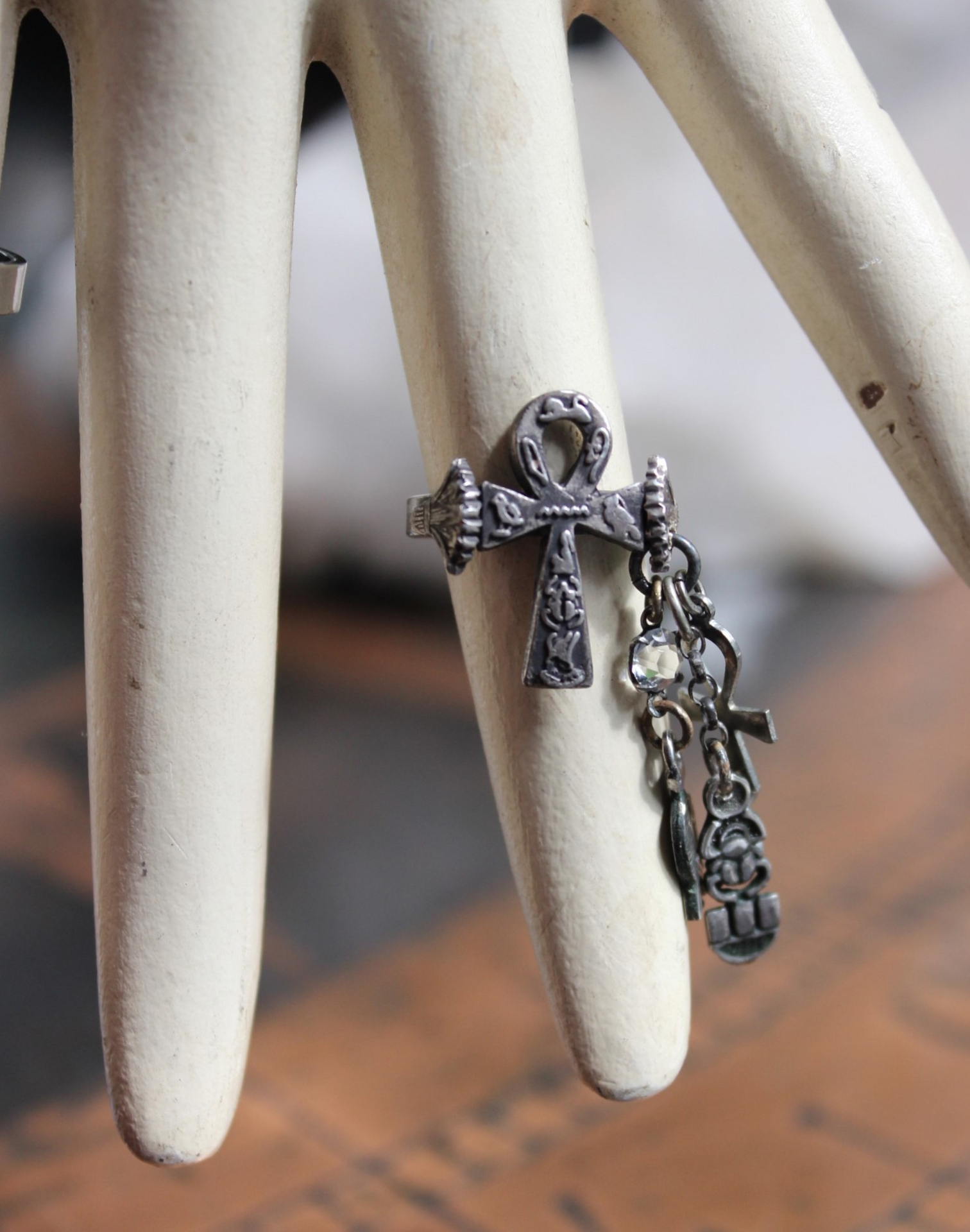 Antique Sterling Ankh Ring Set with Tiny Medals,Ankh Cross and Antique Faceted Prong Set Rock Crystals