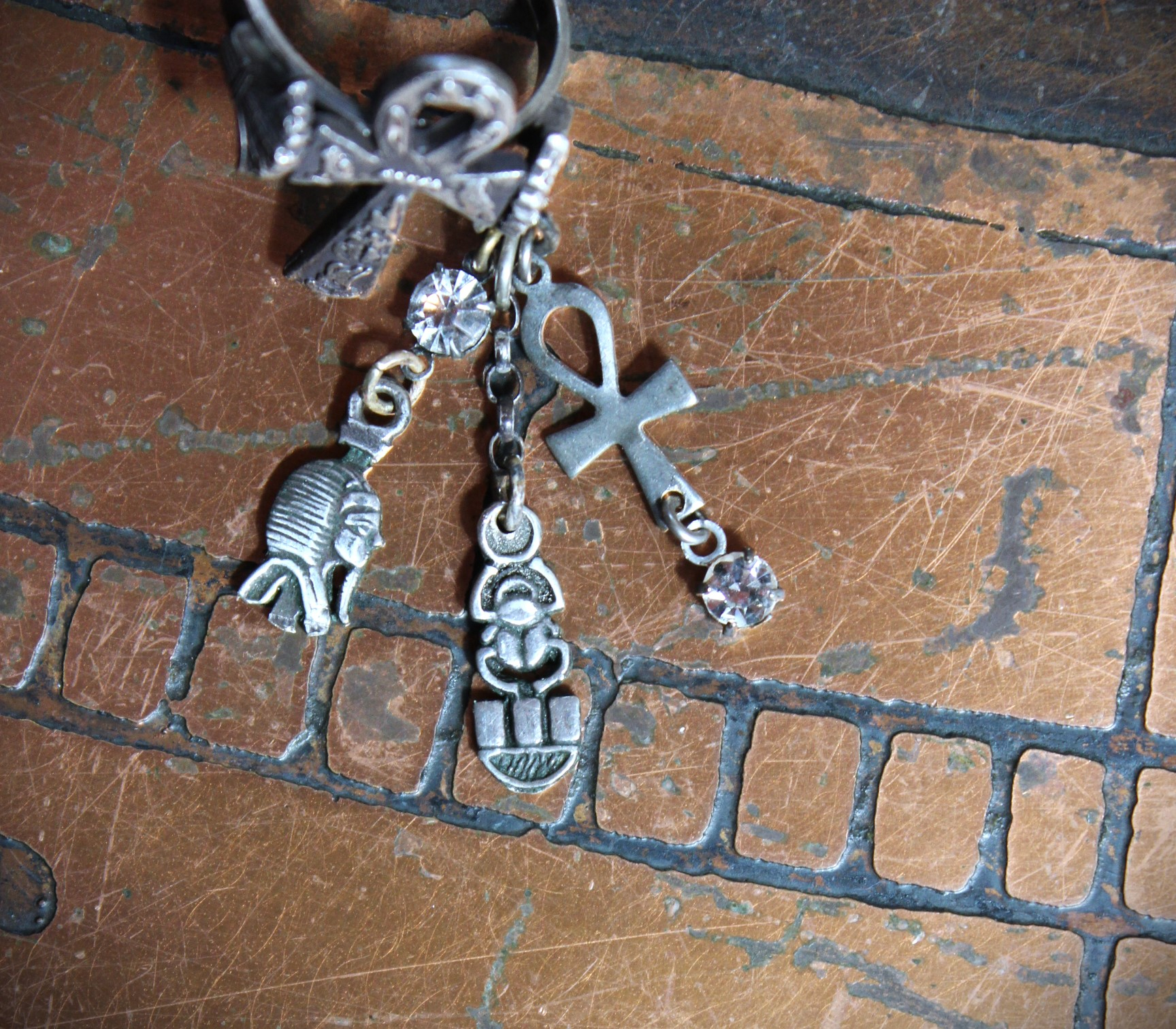 Antique Sterling Ankh Ring Set with Tiny Medals,Ankh Cross and Antique Faceted Prong Set Rock Crystals