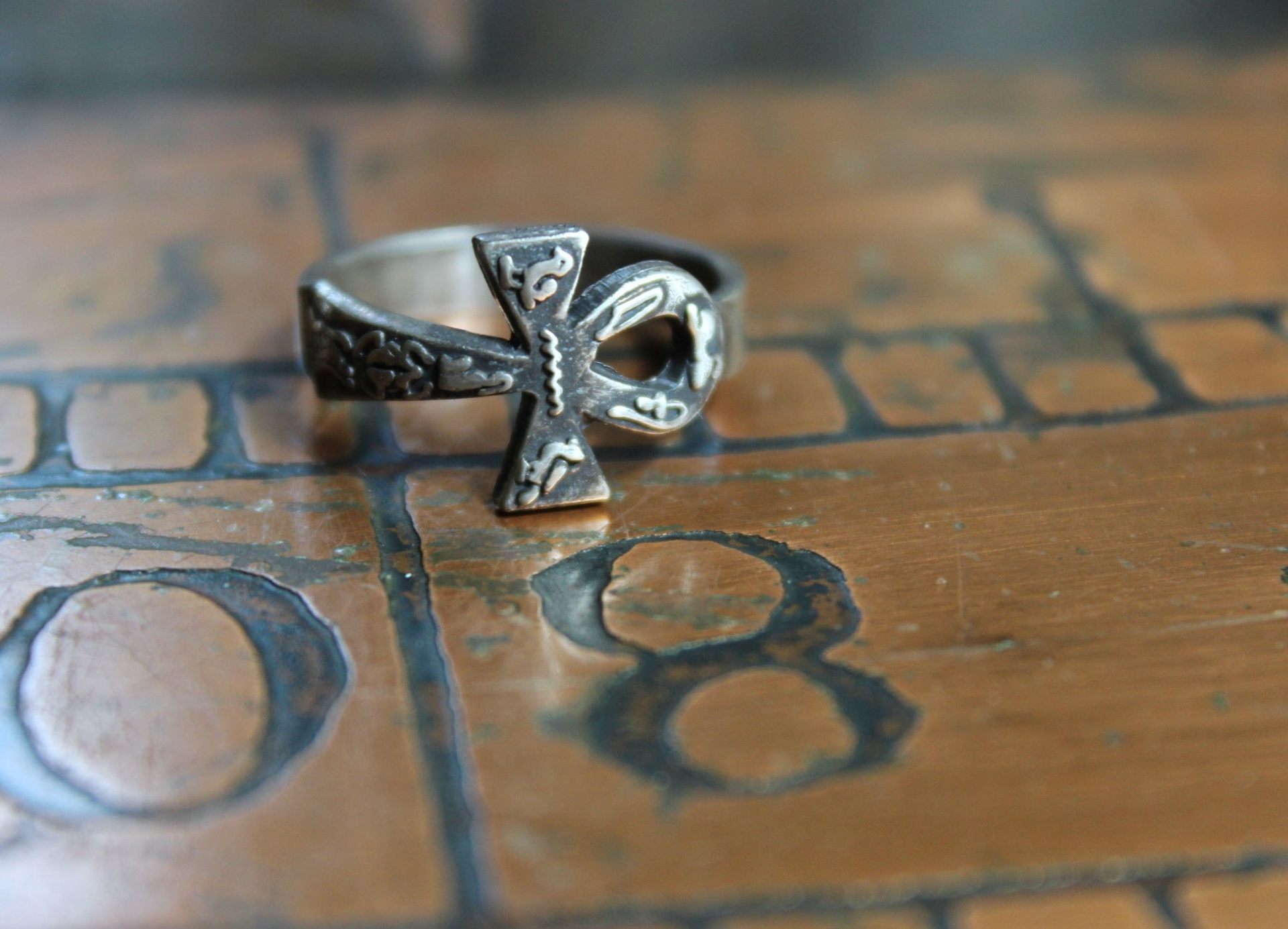 Antique Sterling Ankh Ring Set with Tiny Medals,Ankh Cross and Antique Faceted Prong Set Rock Crystals