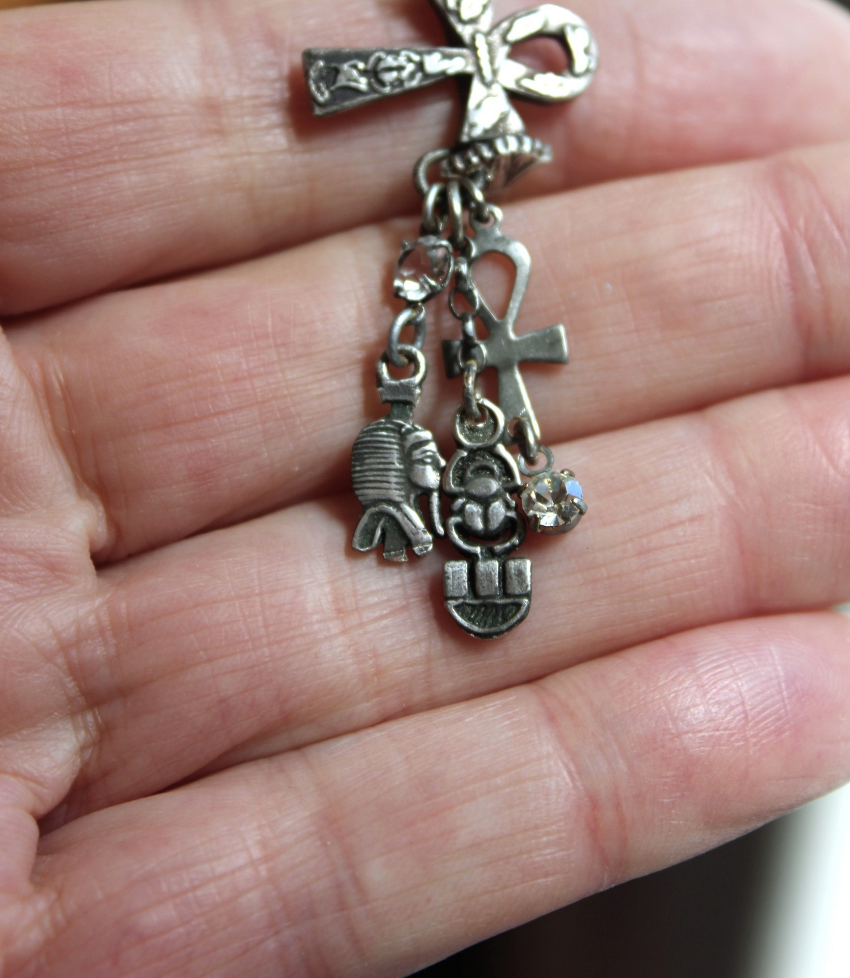 Antique Sterling Ankh Ring Set with Tiny Medals,Ankh Cross and Antique Faceted Prong Set Rock Crystals