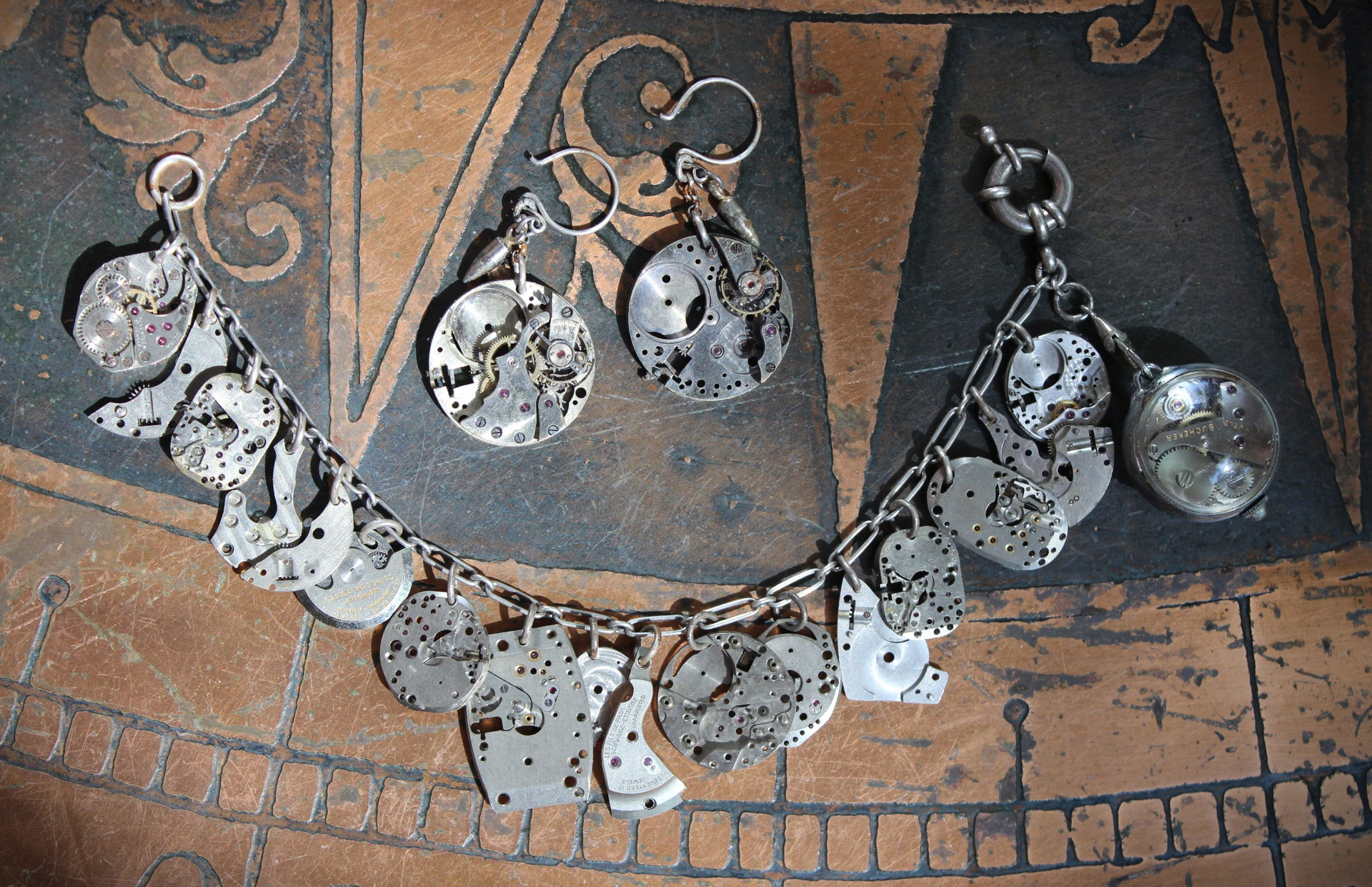 It is Time Bracelet & Earring Set with Antique Time Piece Findings, Antique Working Bucherer Mechanical Bubble Watch,Sterling Chain & Earring Wires