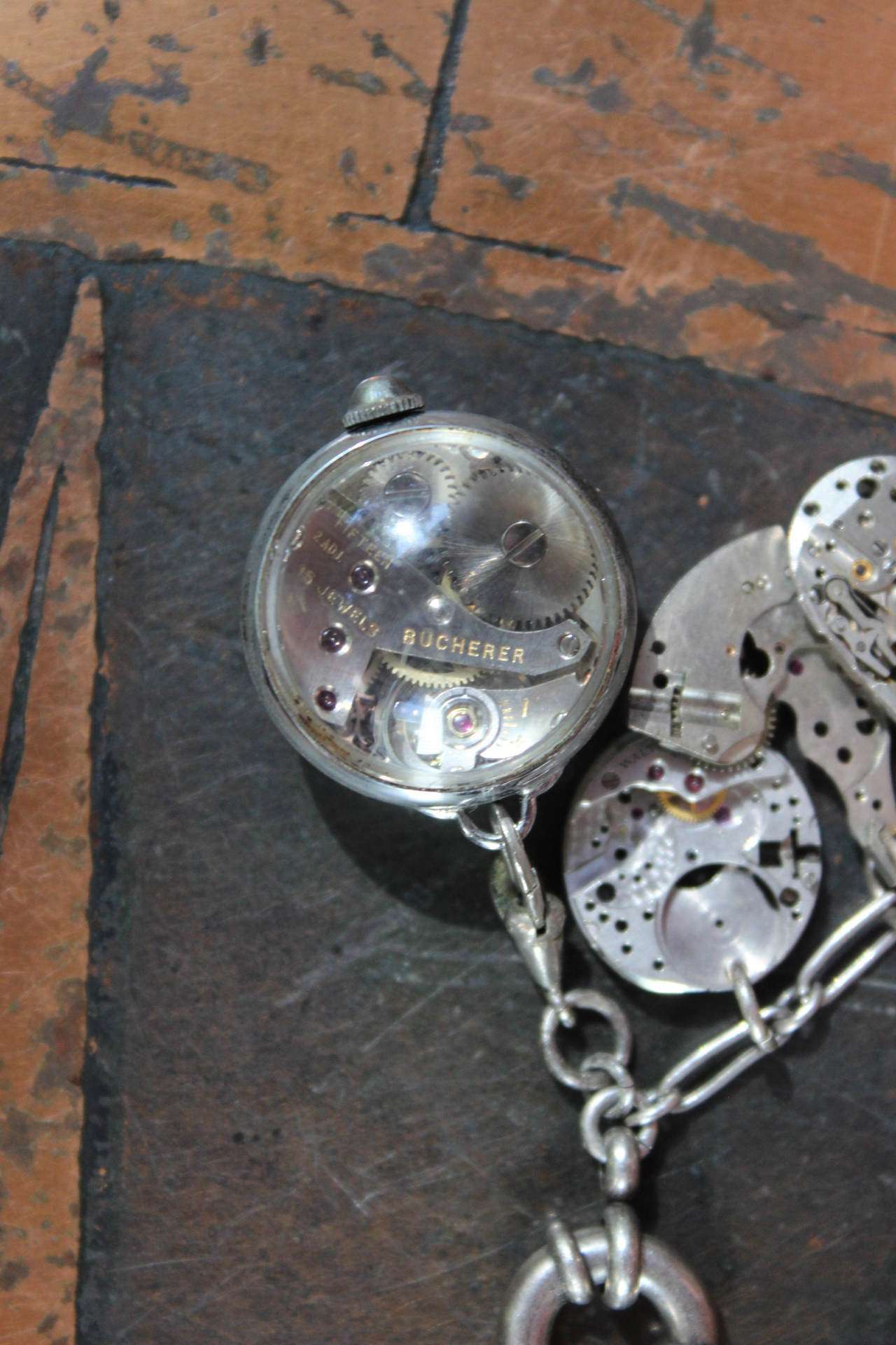 It is Time Bracelet & Earring Set with Antique Time Piece Findings, Antique Working Bucherer Mechanical Bubble Watch,Sterling Chain & Earring Wires