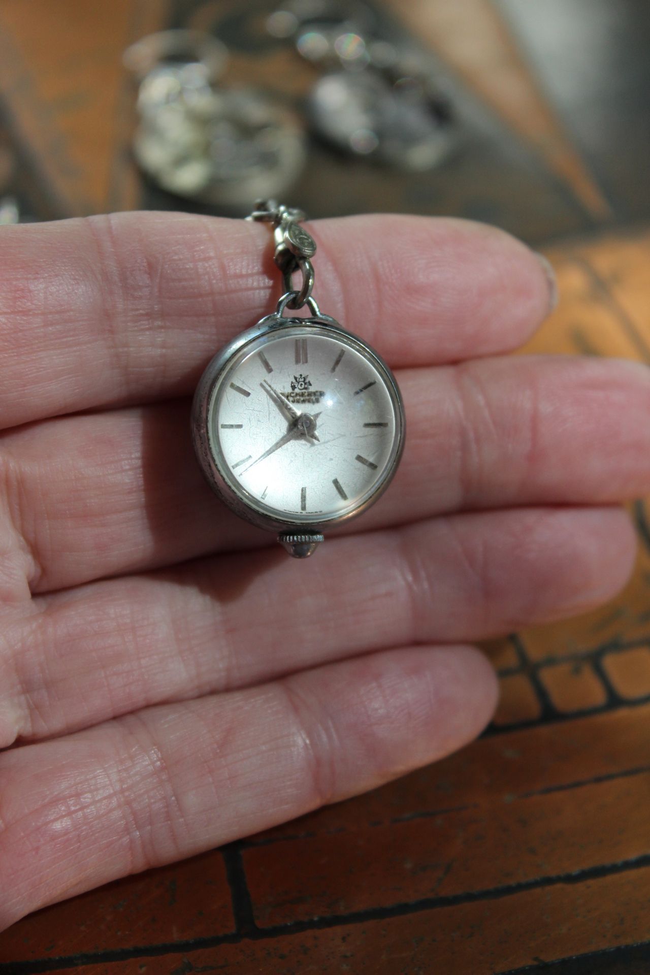 It is Time Bracelet & Earring Set with Antique Time Piece Findings, Antique Working Bucherer Mechanical Bubble Watch,Sterling Chain & Earring Wires