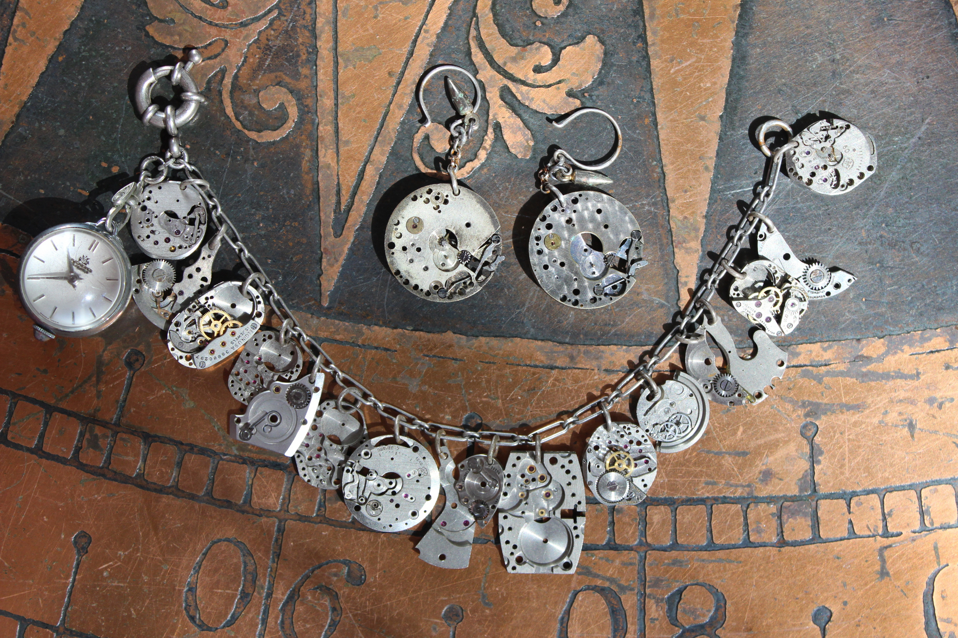 It is Time Bracelet & Earring Set with Antique Time Piece Findings, Antique Working Bucherer Mechanical Bubble Watch,Sterling Chain & Earring Wires