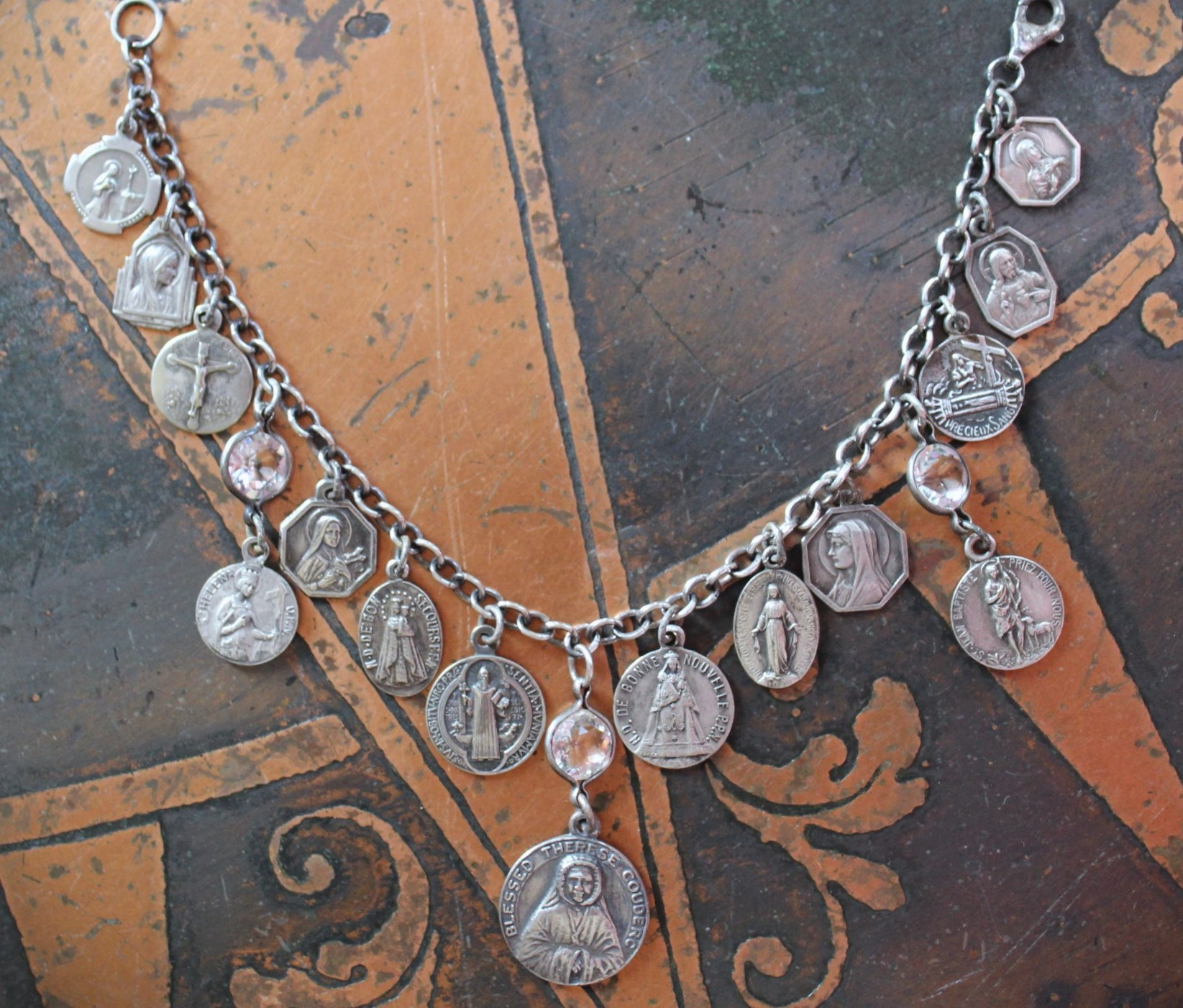 Persevering in Prayer Sterling Charm Bracelet with Rare St.Therese Couderc Medal, 14 Antique French Medals, Antique Bezel Set Faceted Rock Crystal Connectors