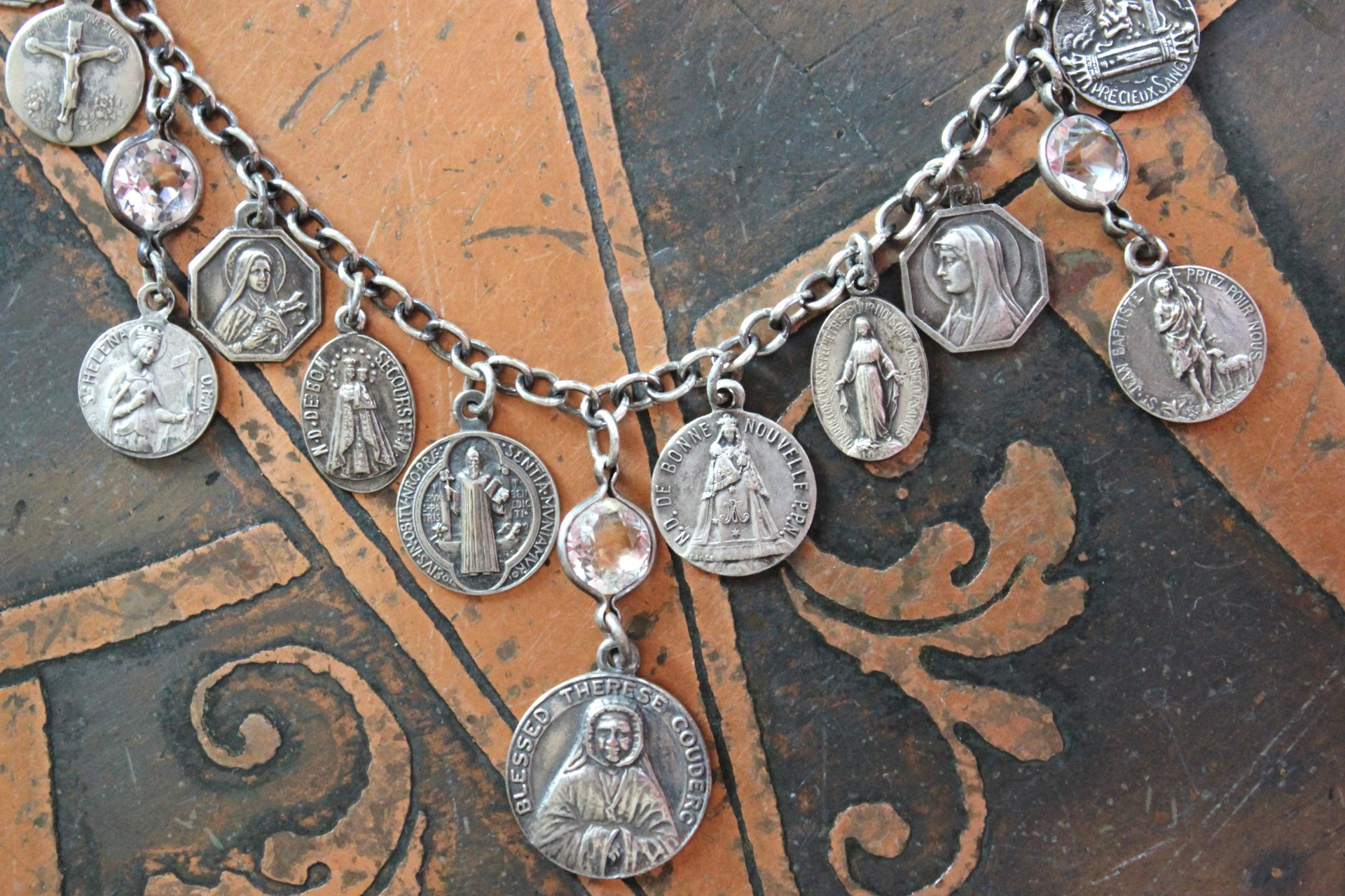 Persevering in Prayer Sterling Charm Bracelet with Rare St.Therese Couderc Medal, 14 Antique French Medals, Antique Bezel Set Faceted Rock Crystal Connectors