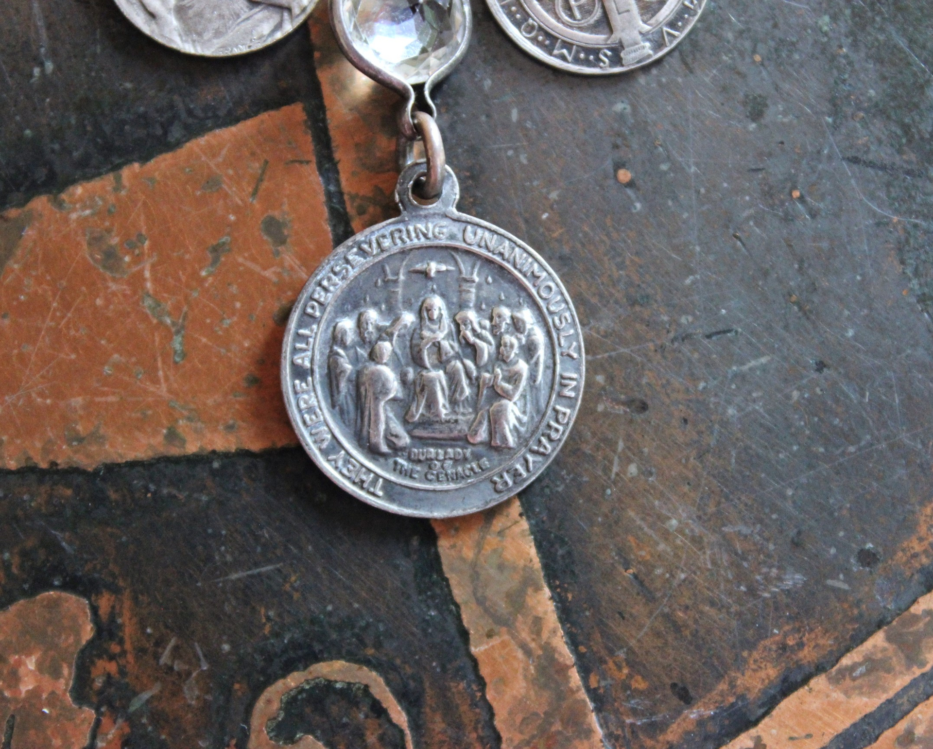 Persevering in Prayer Sterling Charm Bracelet with Rare St.Therese Couderc Medal, 14 Antique French Medals, Antique Bezel Set Faceted Rock Crystal Connectors
