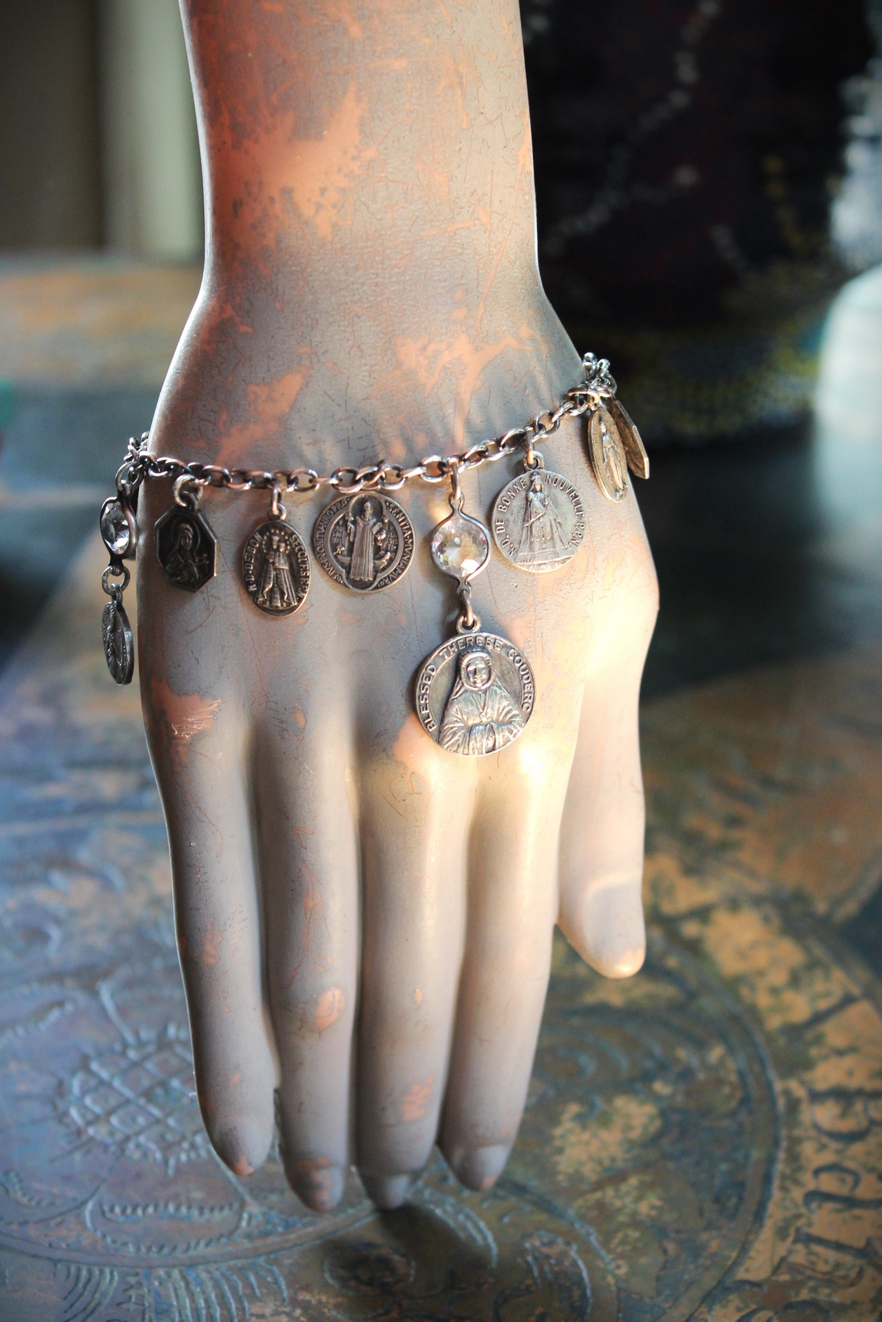 Persevering in Prayer Sterling Charm Bracelet with Rare St.Therese Couderc Medal, 14 Antique French Medals, Antique Bezel Set Faceted Rock Crystal Connectors