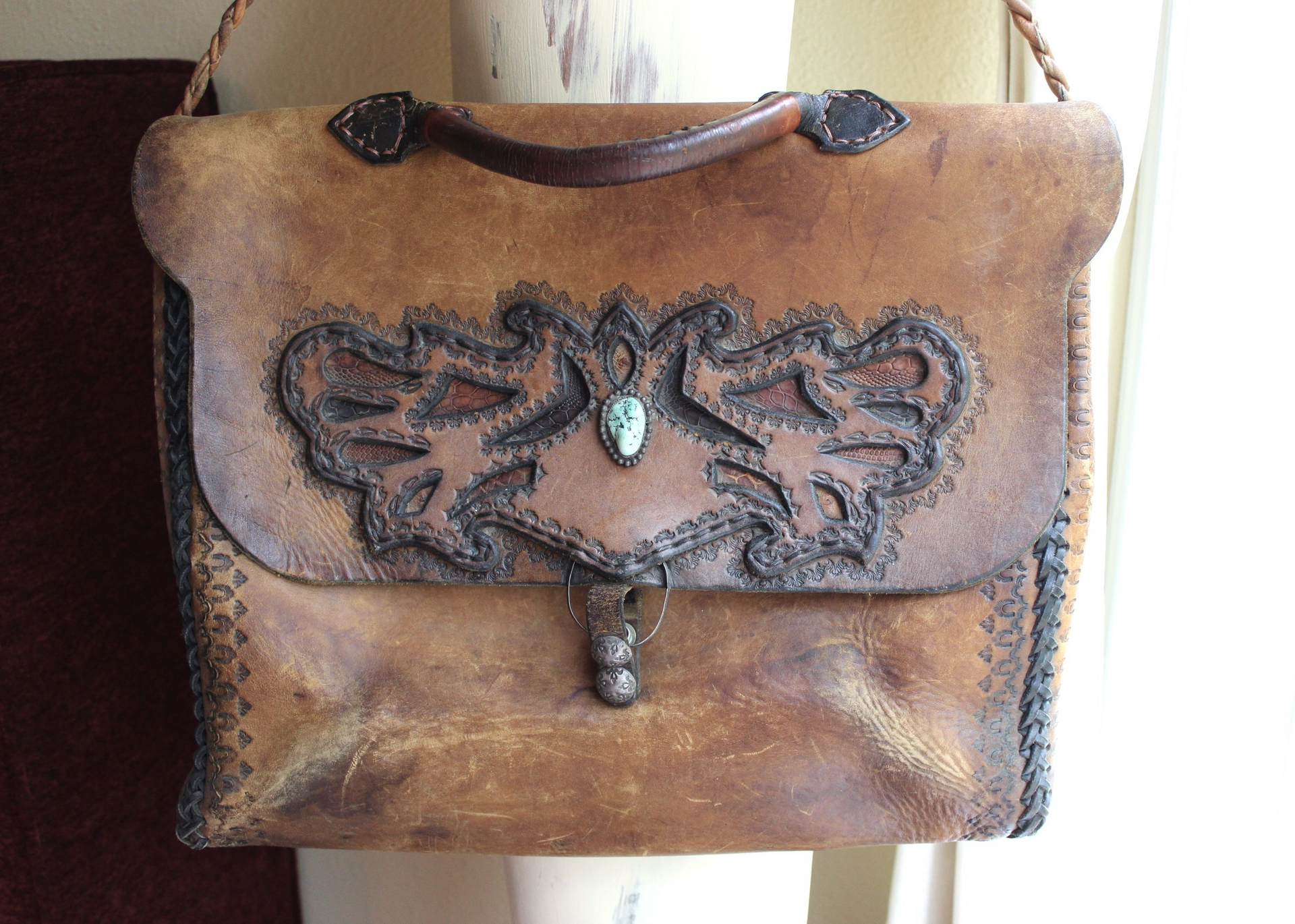 Amazing Old Carved Leather Bag with Turquoise Nugget & Unique Closure Tab- incredible old piece & perfect for Laptop Briefcase or as a Tote!