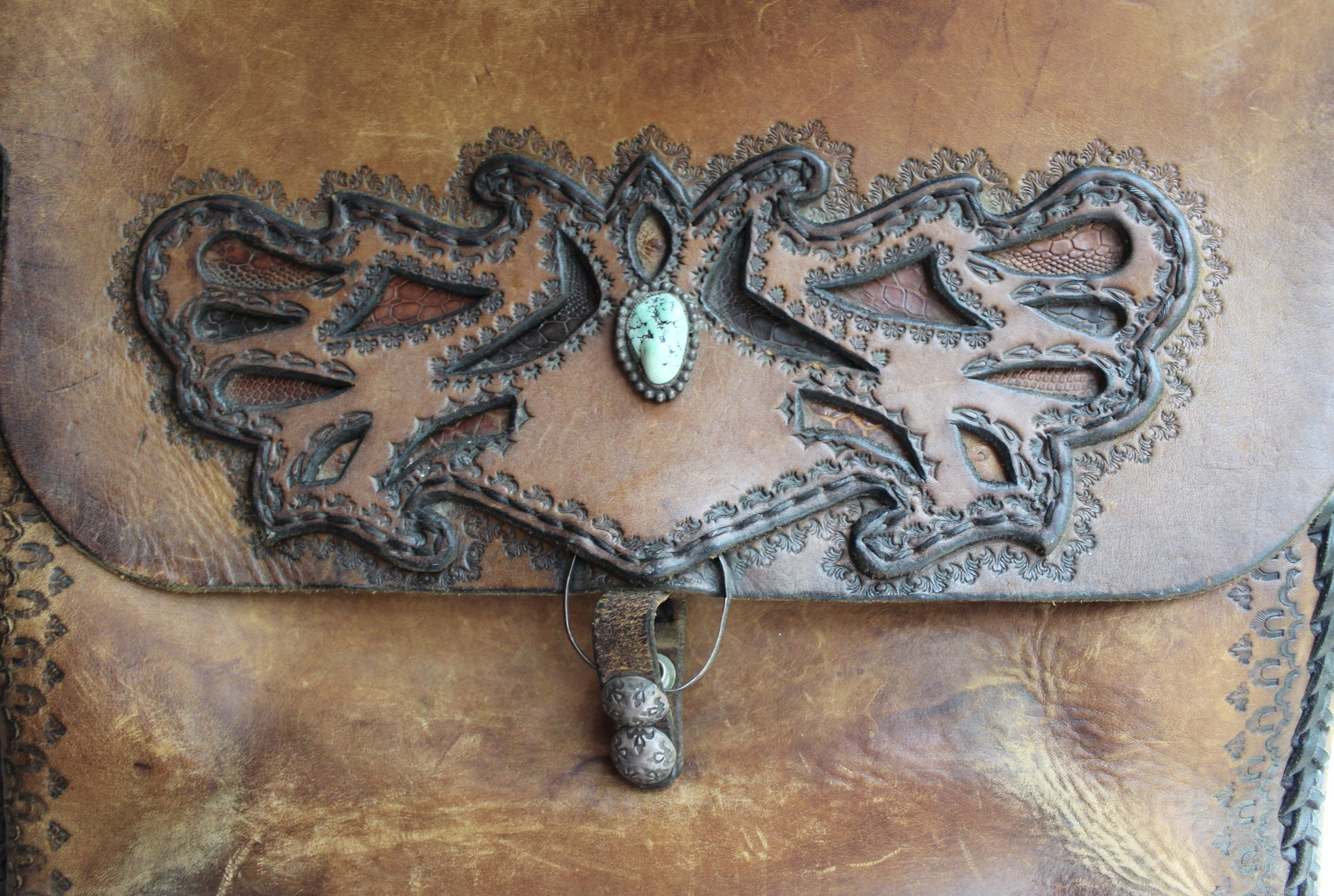 Amazing Old Carved Leather Bag with Turquoise Nugget & Unique Closure Tab- incredible old piece & perfect for Laptop Briefcase or as a Tote!
