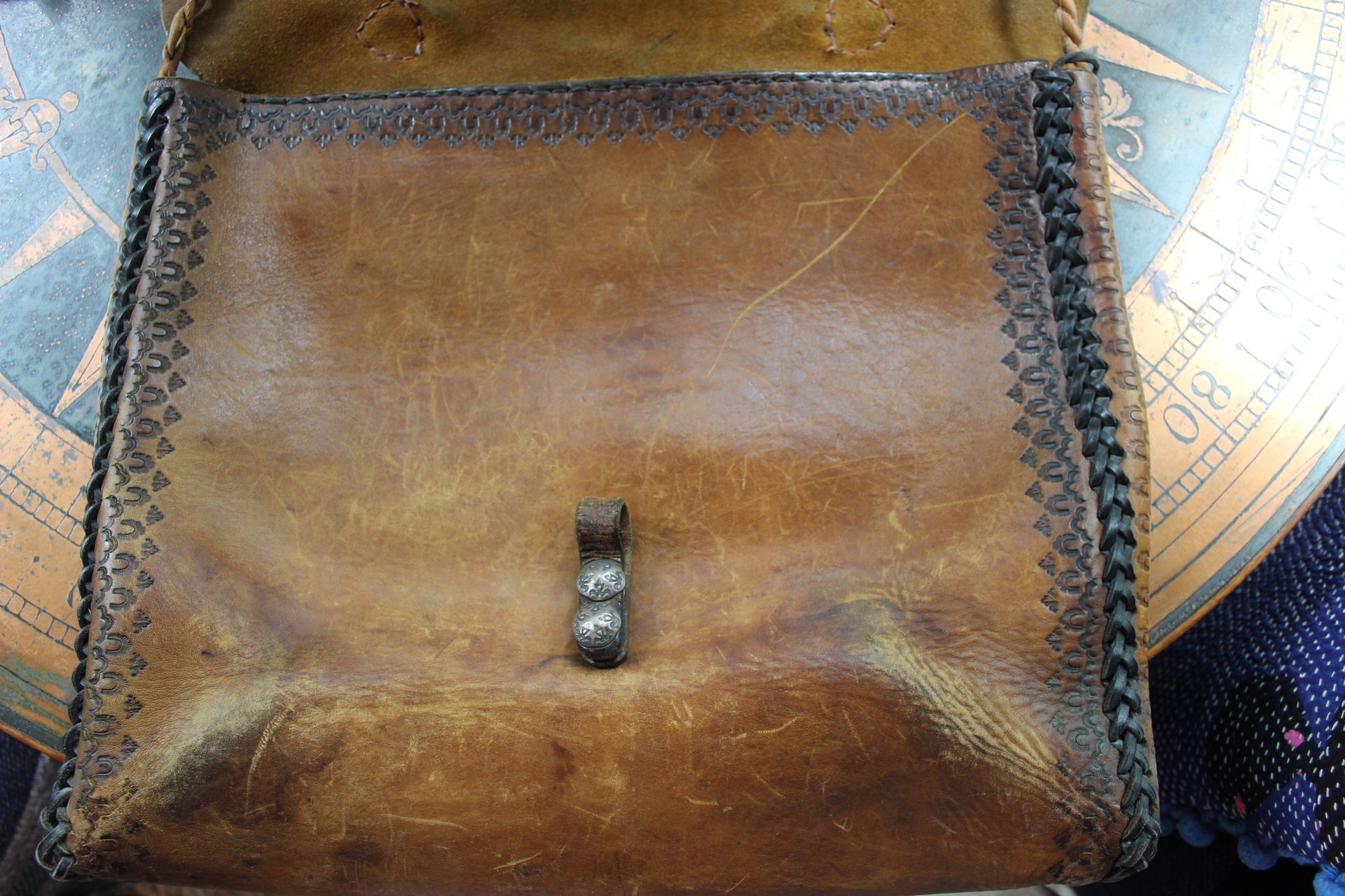 Amazing Old Carved Leather Bag with Turquoise Nugget & Unique Closure Tab- incredible old piece & perfect for Laptop Briefcase or as a Tote!
