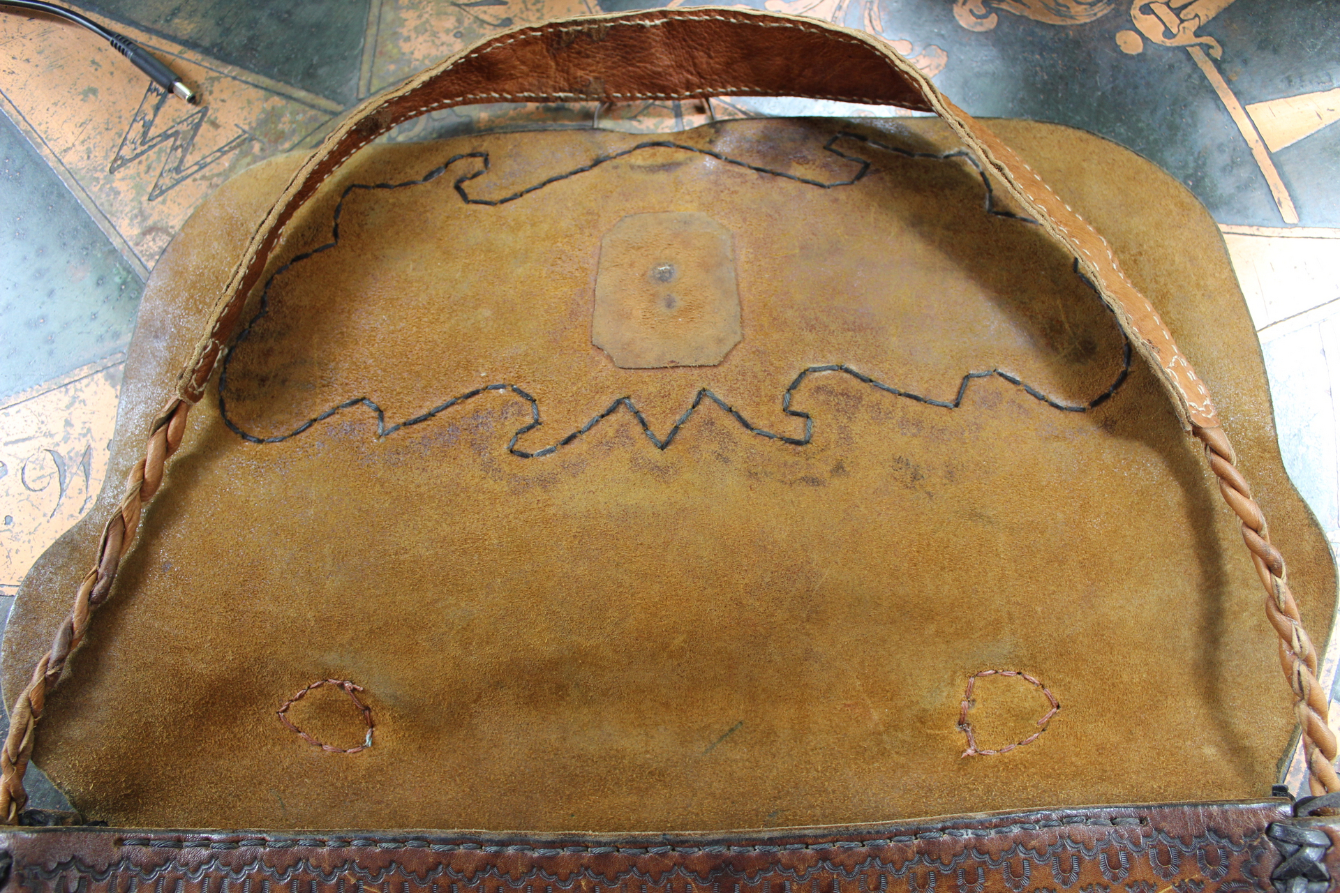 Amazing Old Carved Leather Bag with Turquoise Nugget & Unique Closure Tab- incredible old piece & perfect for Laptop Briefcase or as a Tote!
