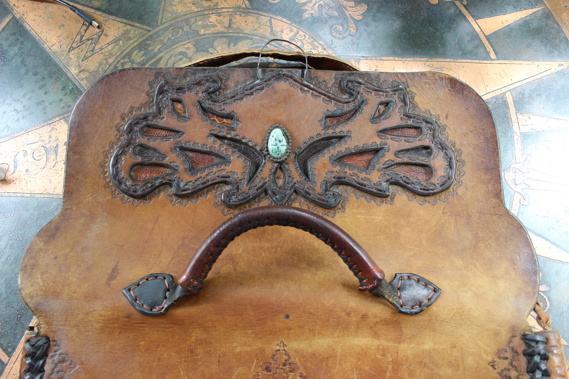 Amazing Old Carved Leather Bag with Turquoise Nugget & Unique Closure Tab- incredible old piece & perfect for Laptop Briefcase or as a Tote!