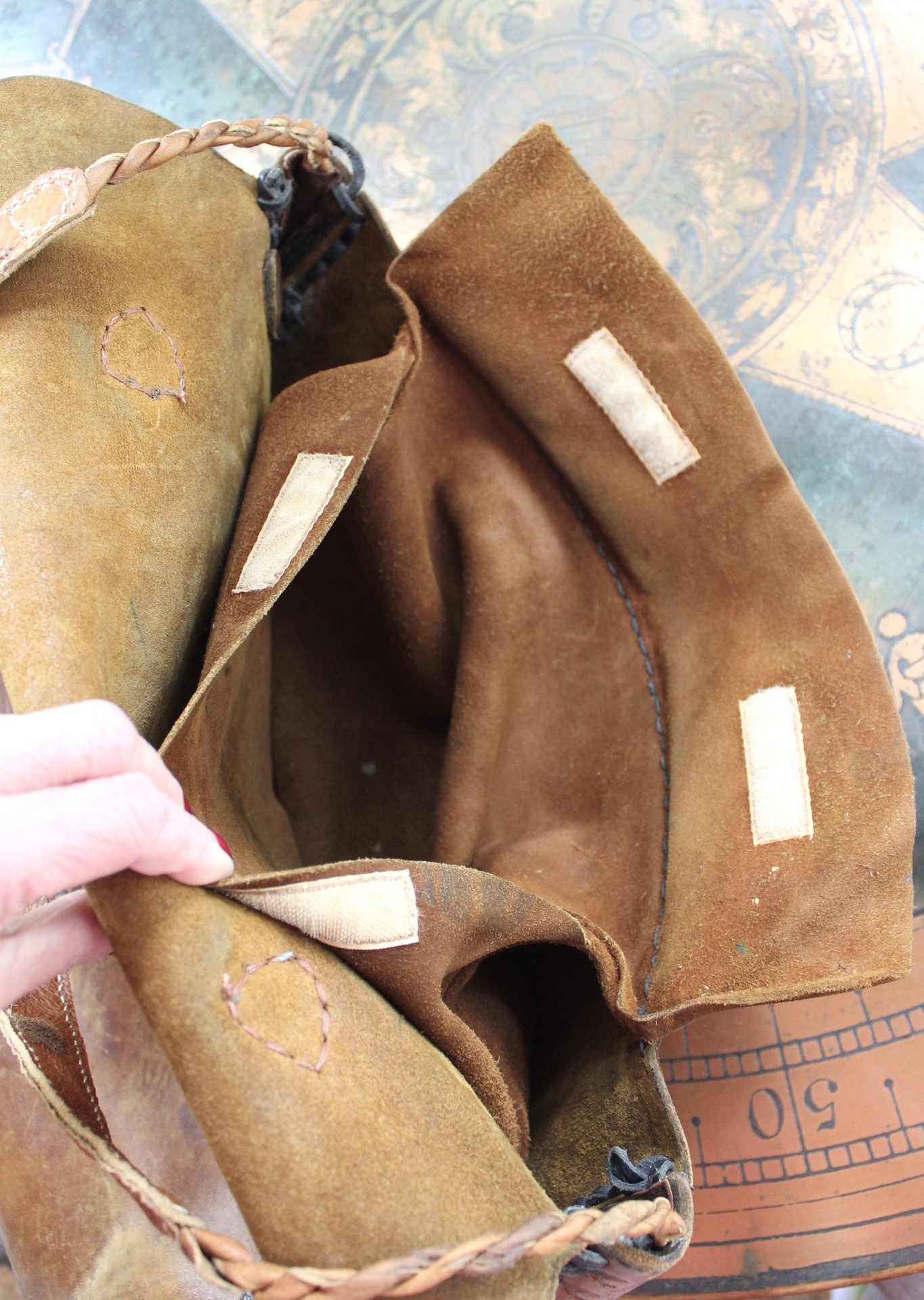 Amazing Old Carved Leather Bag with Turquoise Nugget & Unique Closure Tab- incredible old piece & perfect for Laptop Briefcase or as a Tote!