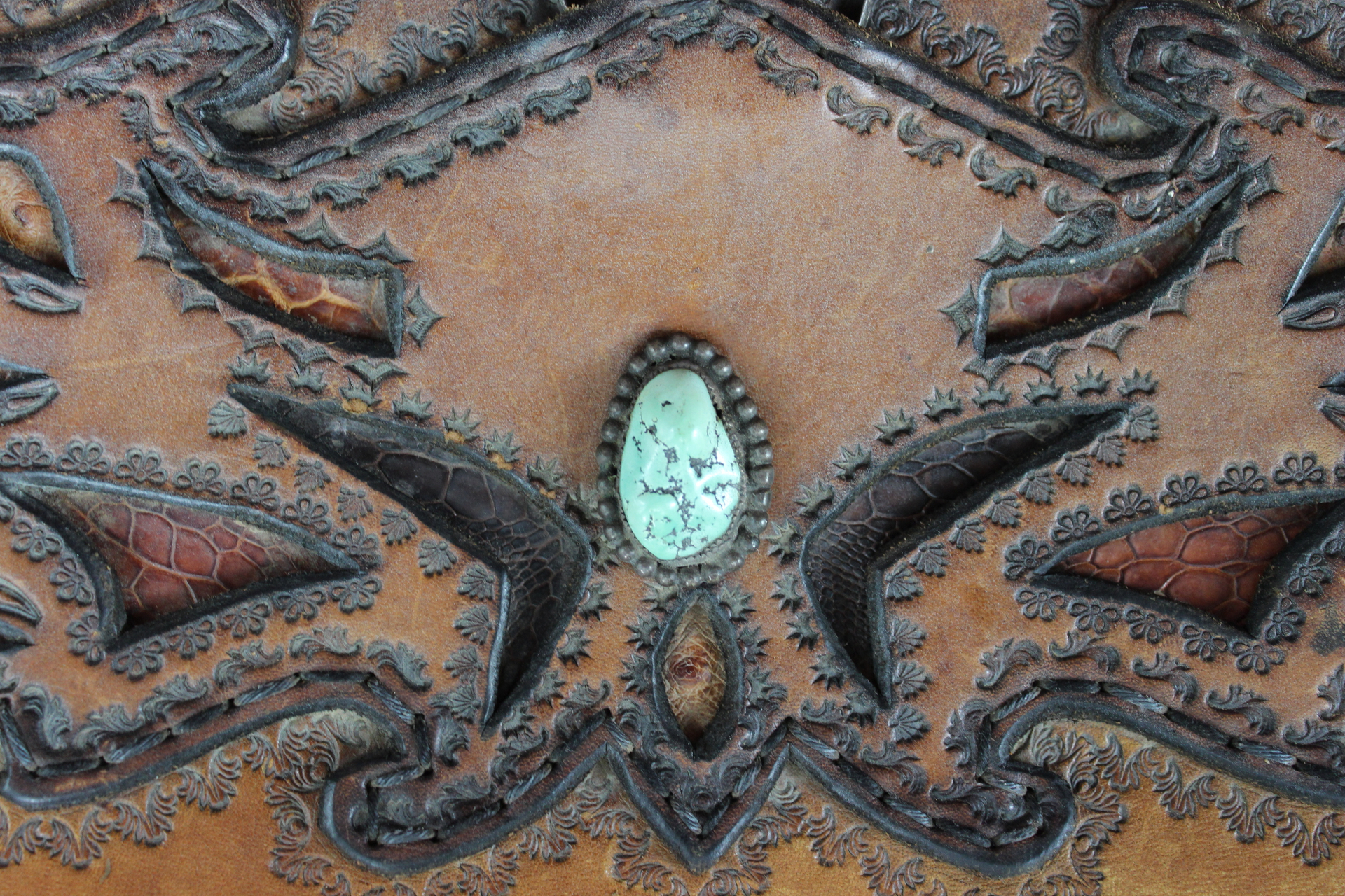 Amazing Old Carved Leather Bag with Turquoise Nugget & Unique Closure Tab- incredible old piece & perfect for Laptop Briefcase or as a Tote!