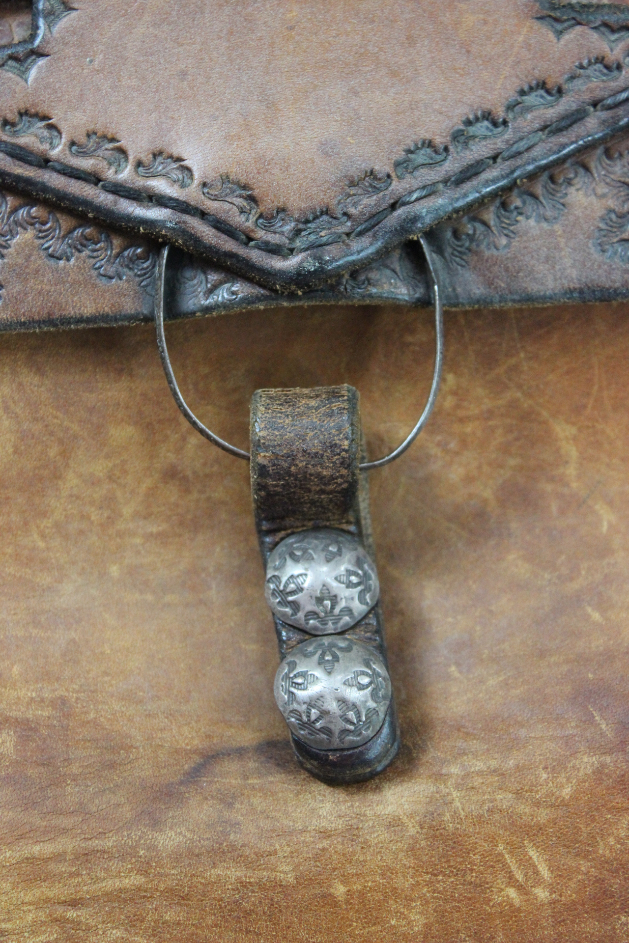 Amazing Old Carved Leather Bag with Turquoise Nugget & Unique Closure Tab- incredible old piece & perfect for Laptop Briefcase or as a Tote!