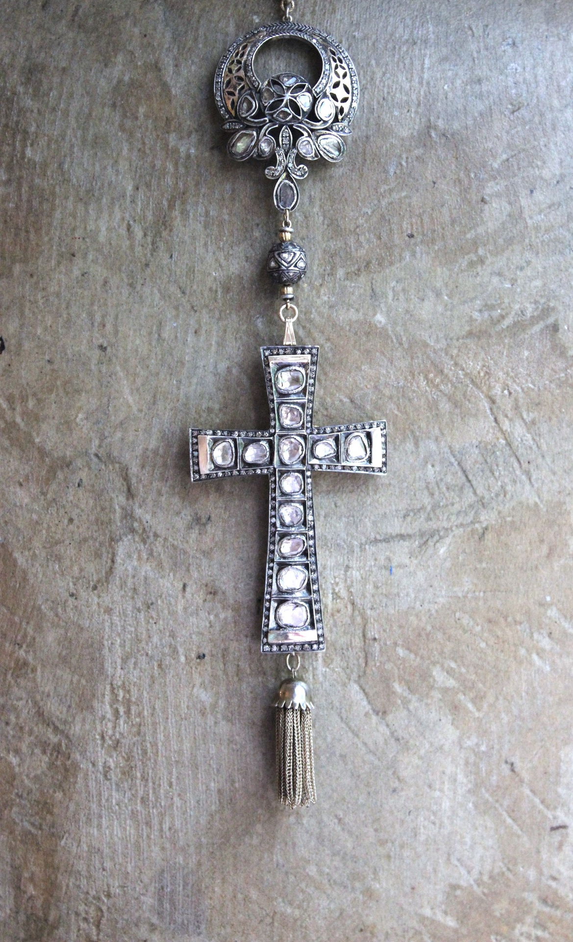 SOLD to J The God of Everyone Necklace with Gold and Silver Mughal Polki Diamond Cross, Intricate Center Piece and Bead, Antique Foxtail Chain & Tassel