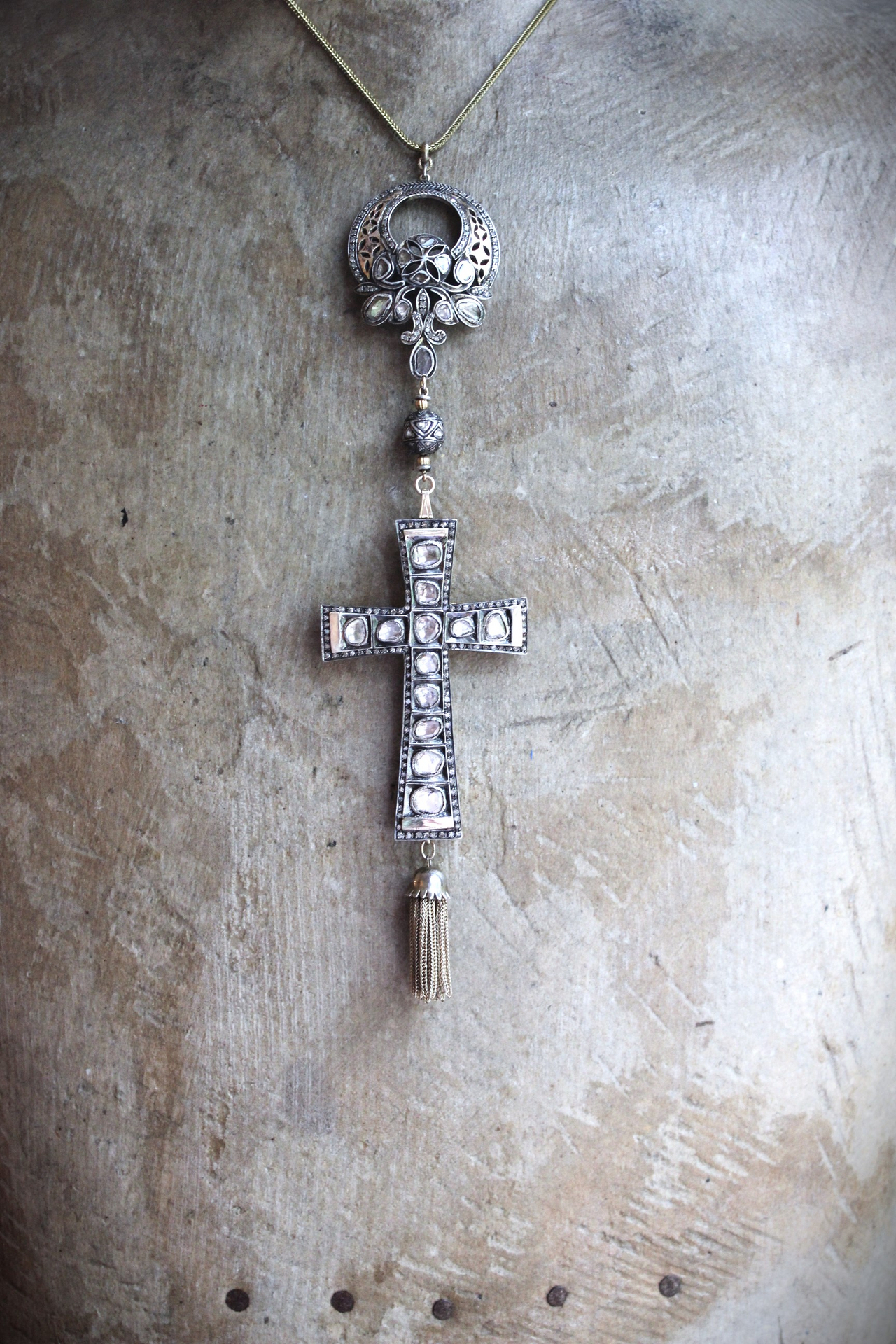 SOLD to J The God of Everyone Necklace with Gold and Silver Mughal Polki Diamond Cross, Intricate Center Piece and Bead, Antique Foxtail Chain & Tassel