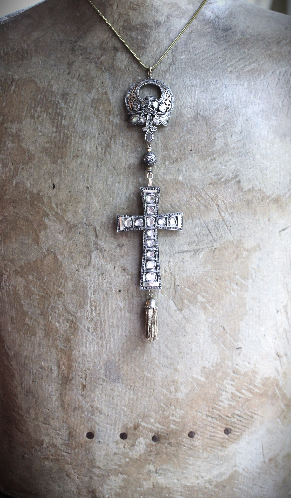 SOLD to J The God of Everyone Necklace with Gold and Silver Mughal Polki Diamond Cross, Intricate Center Piece and Bead, Antique Foxtail Chain & Tassel