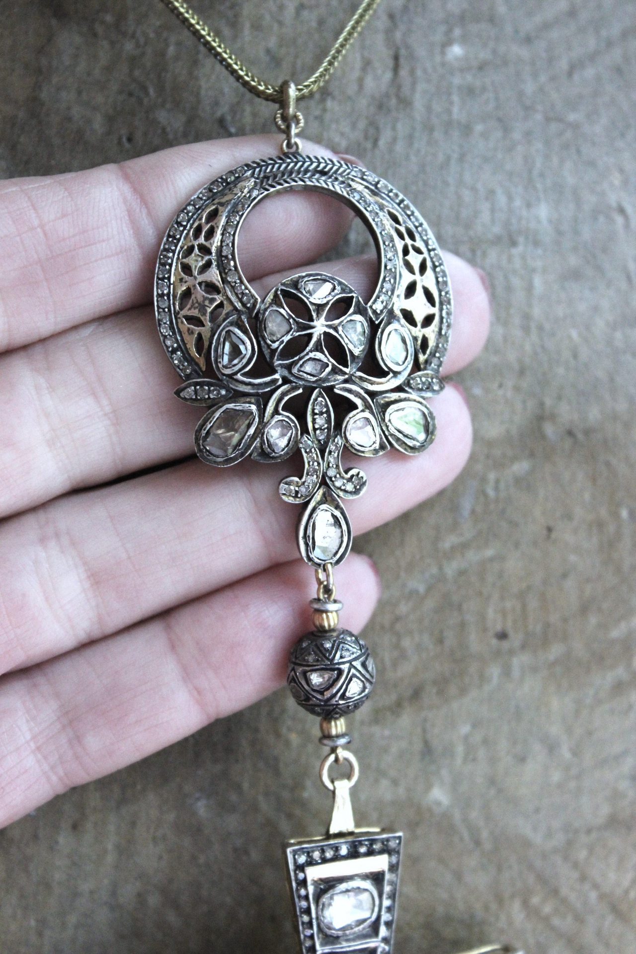 SOLD to J The God of Everyone Necklace with Gold and Silver Mughal Polki Diamond Cross, Intricate Center Piece and Bead, Antique Foxtail Chain & Tassel