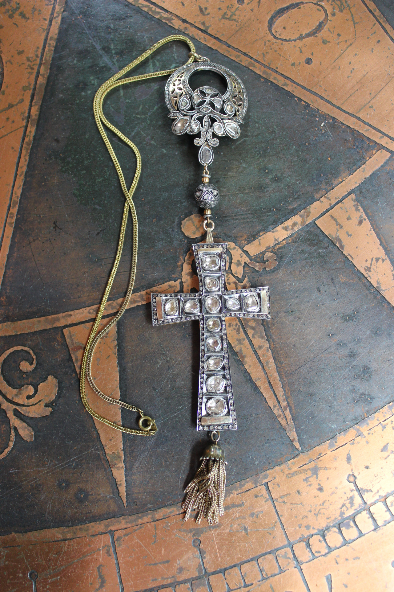 SOLD to J The God of Everyone Necklace with Gold and Silver Mughal Polki Diamond Cross, Intricate Center Piece and Bead, Antique Foxtail Chain & Tassel